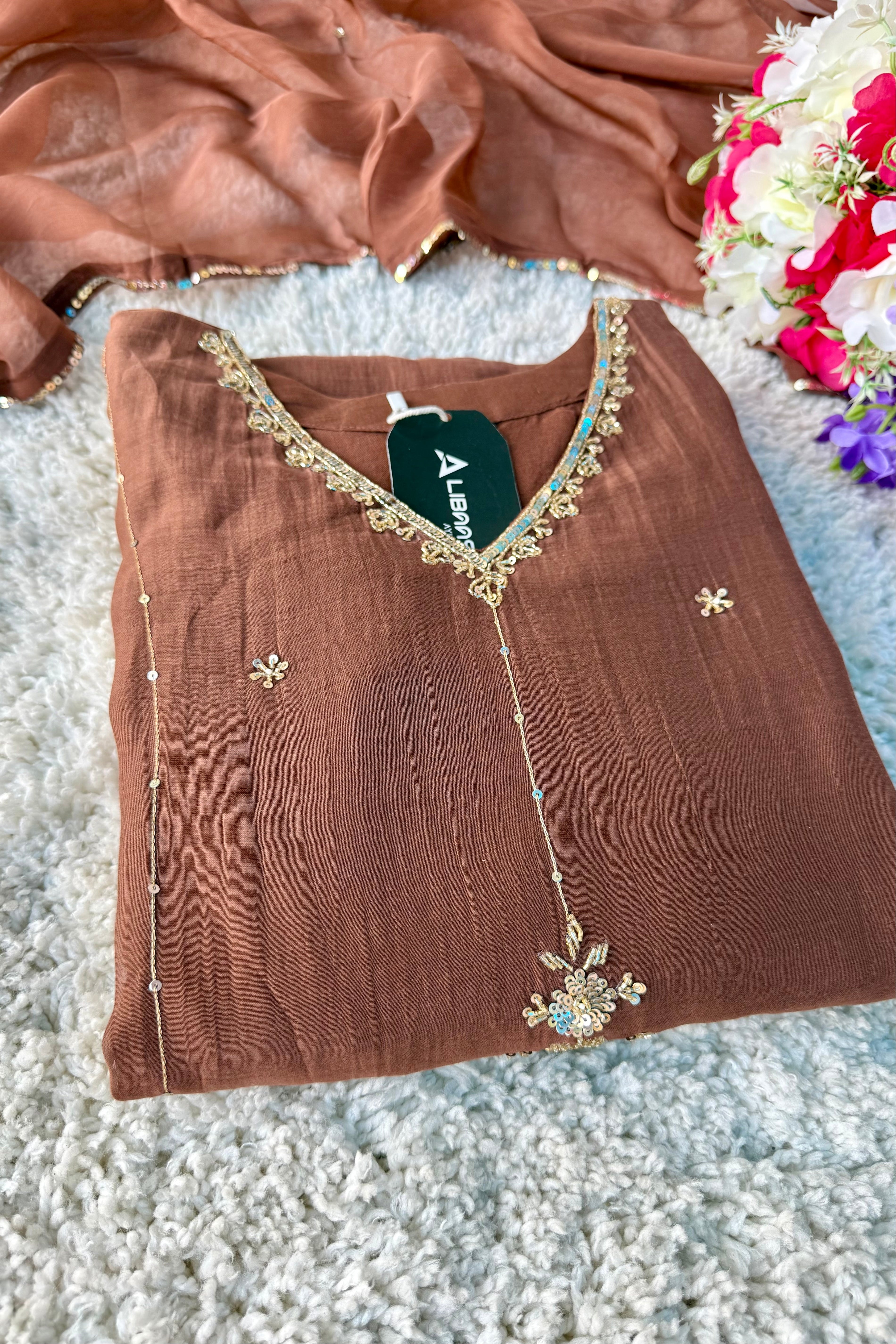 ”Grace- Premium Rich Brown Mul Chanderi Kurta Set 🛍️