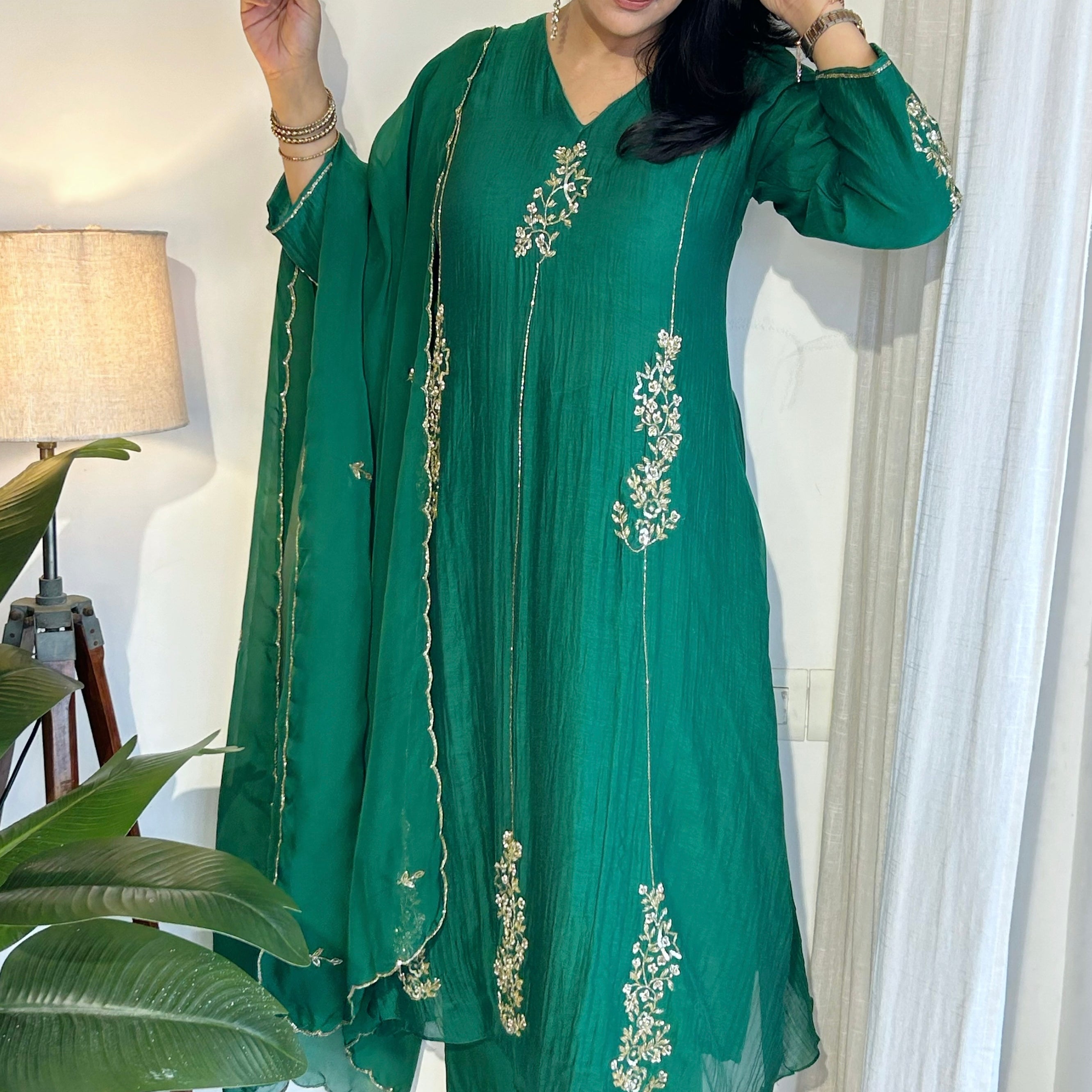 ✨”Rida - Premium Green Mul Chanderi A-Line Kurta Sets