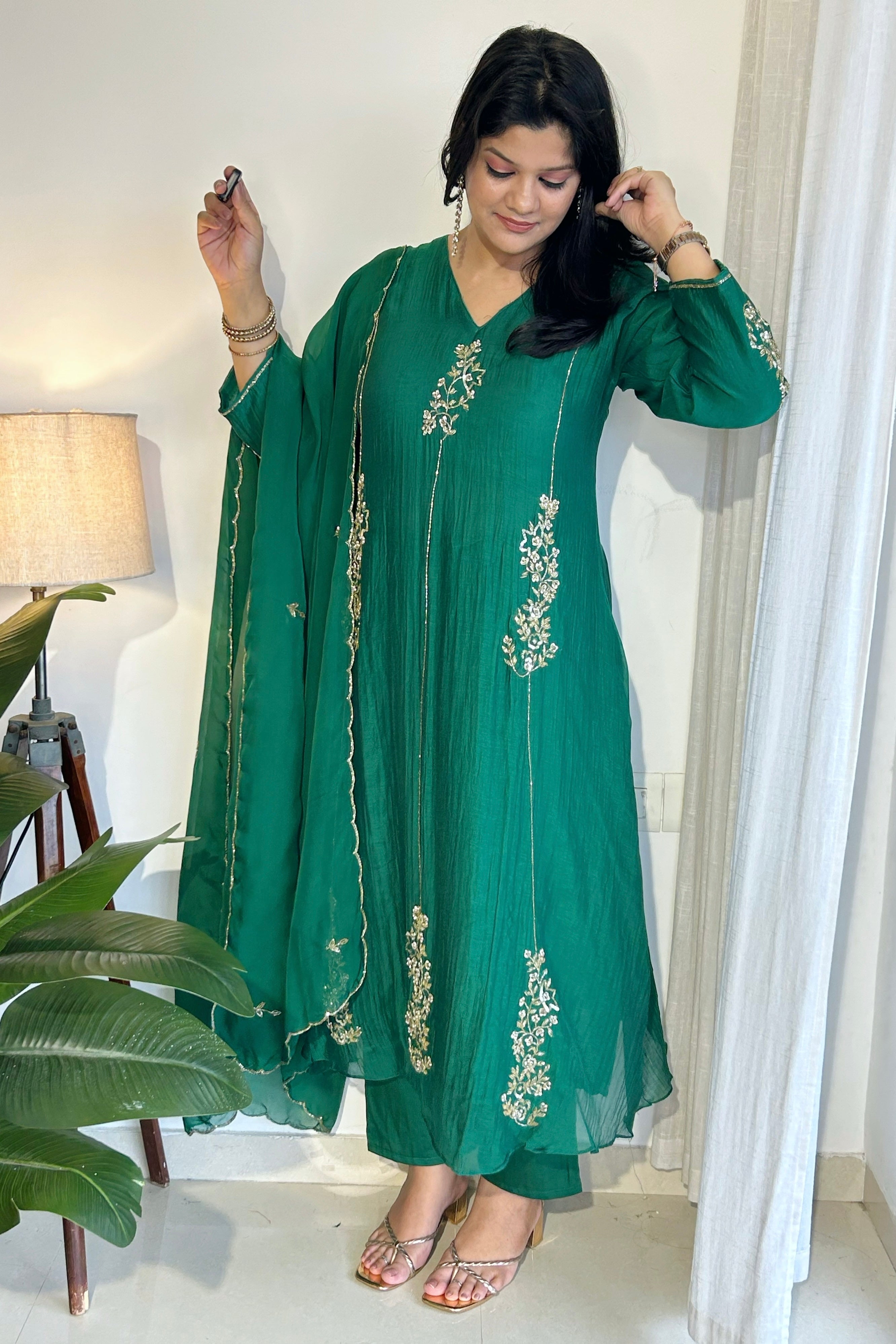 ✨”Rida - Premium Green Mul Chanderi A-Line Kurta Sets