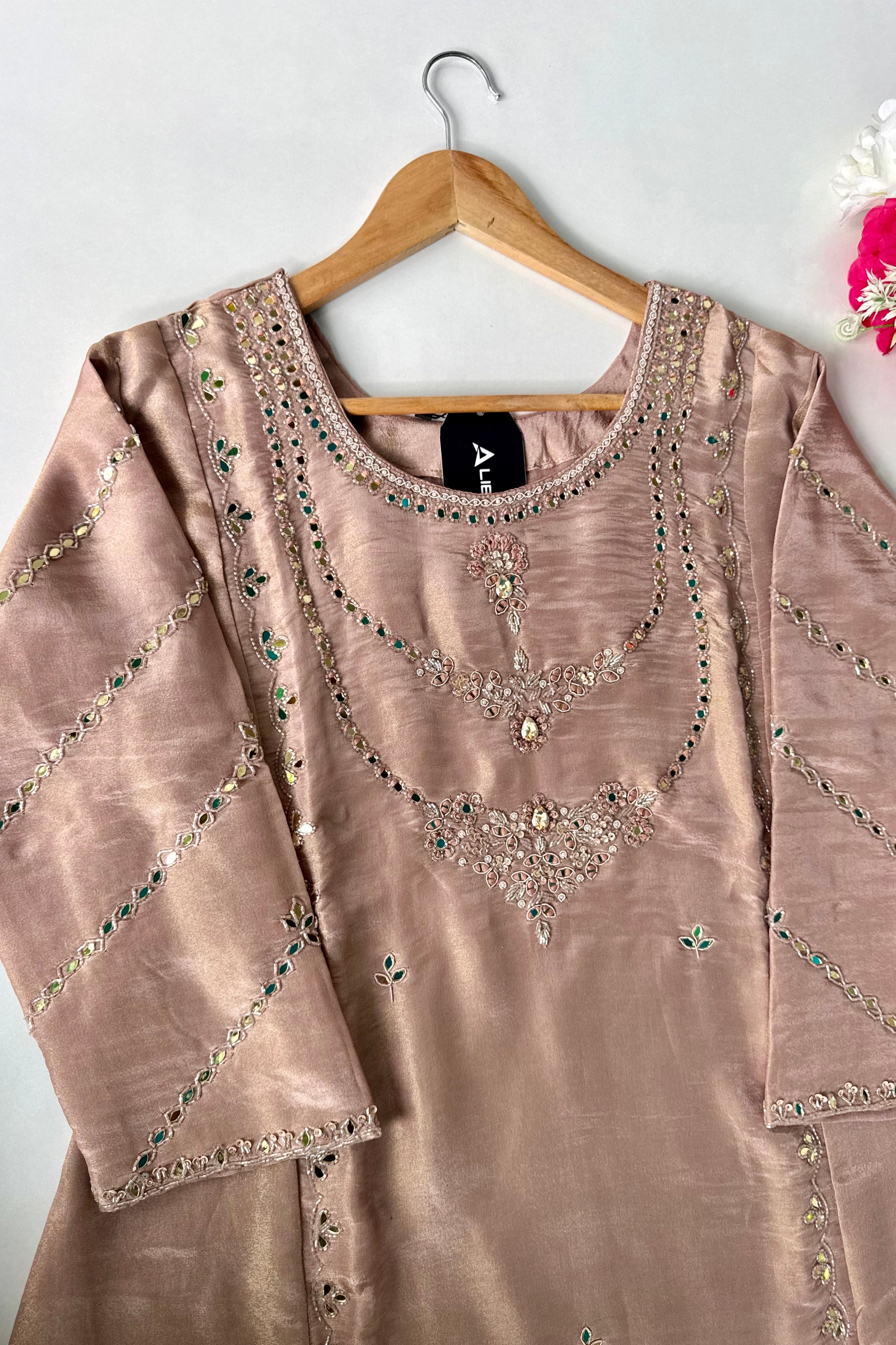 ✨Pearl – Premium Blush Mirror Work Tissue A Line Kurta Set