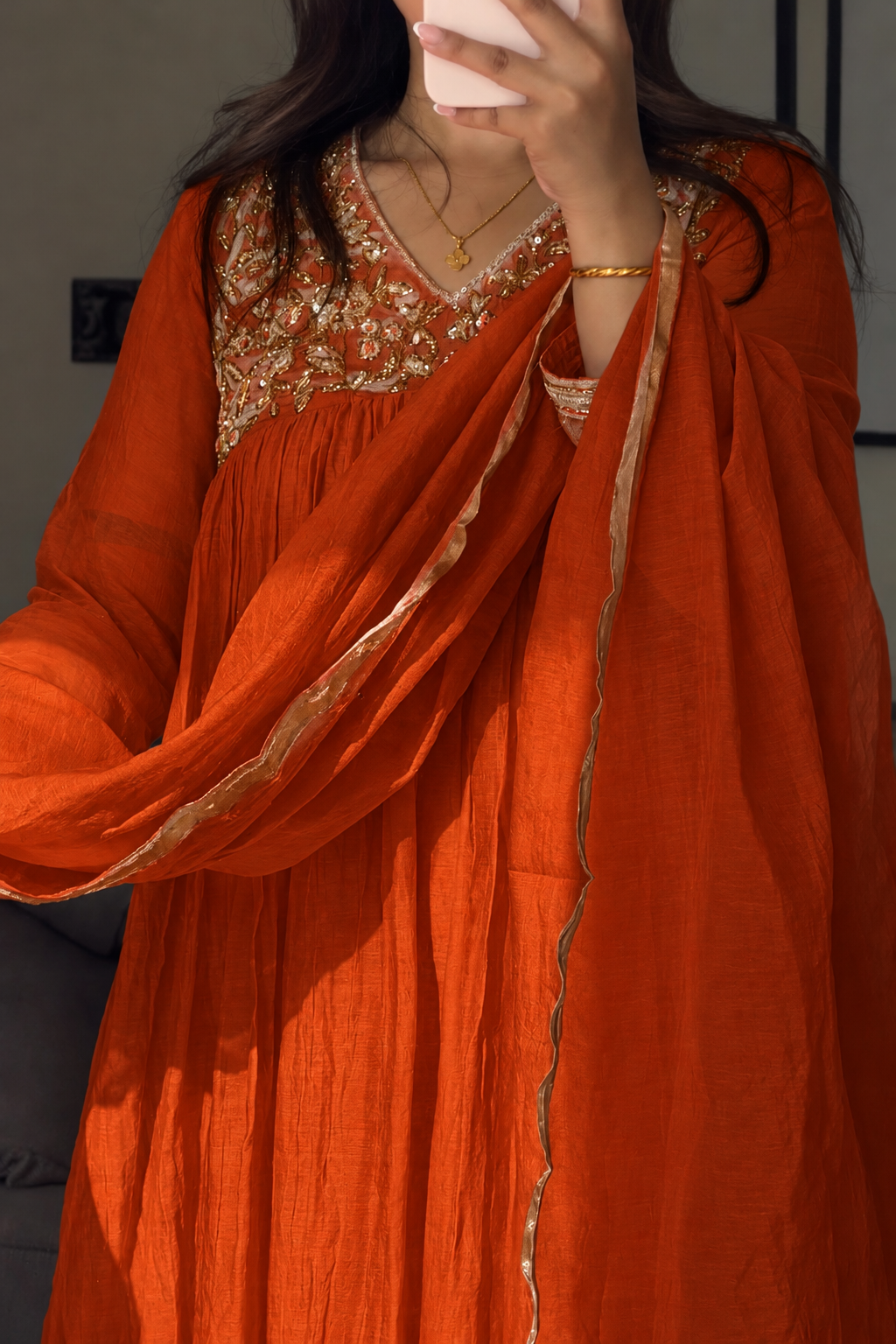 ✨”Mahek-Rust Orange Mul Chanderi A-Line Kurta Set✨