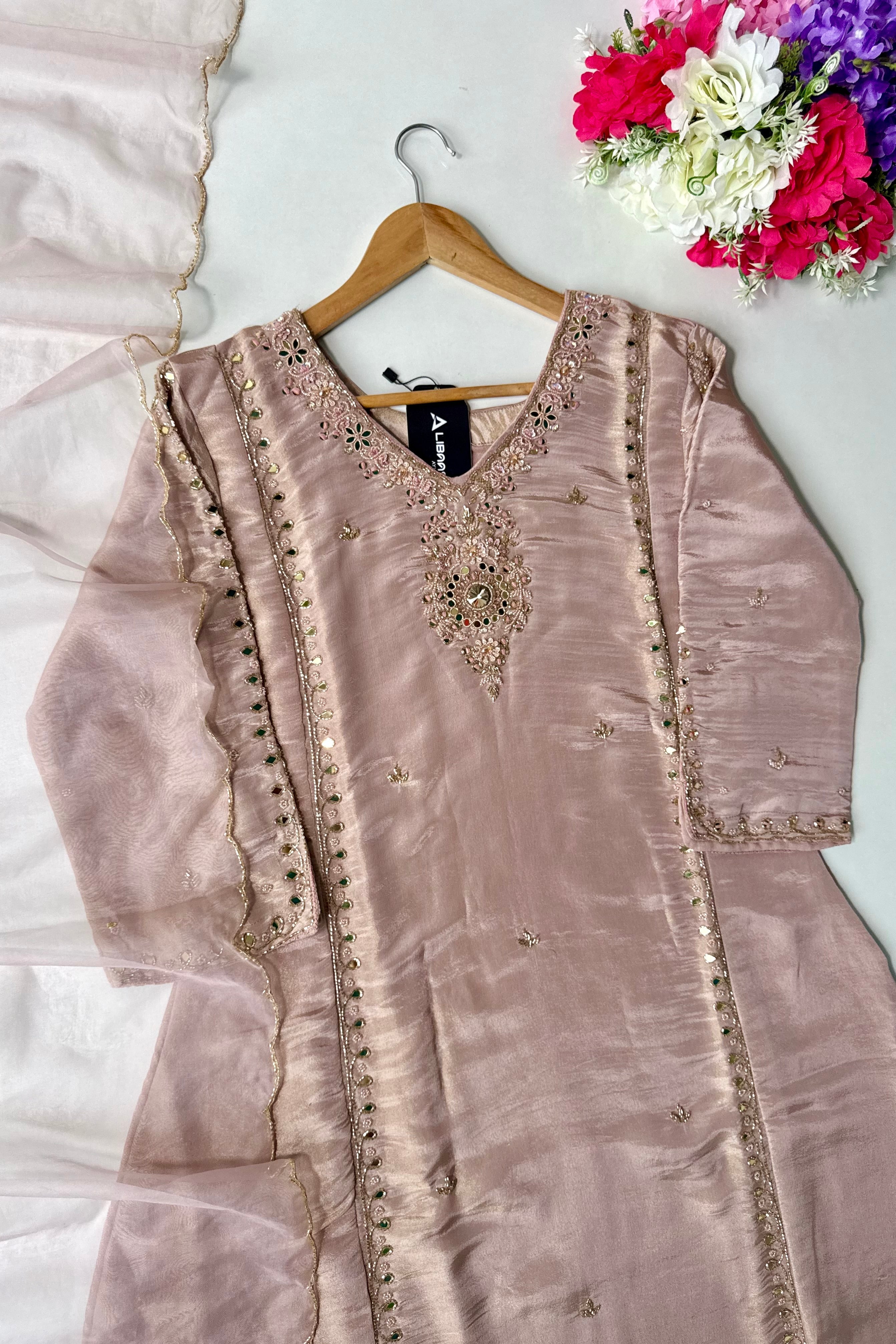 ✨Pearl – Premium Blush Mirror Work Tissue A Line Kurta Set