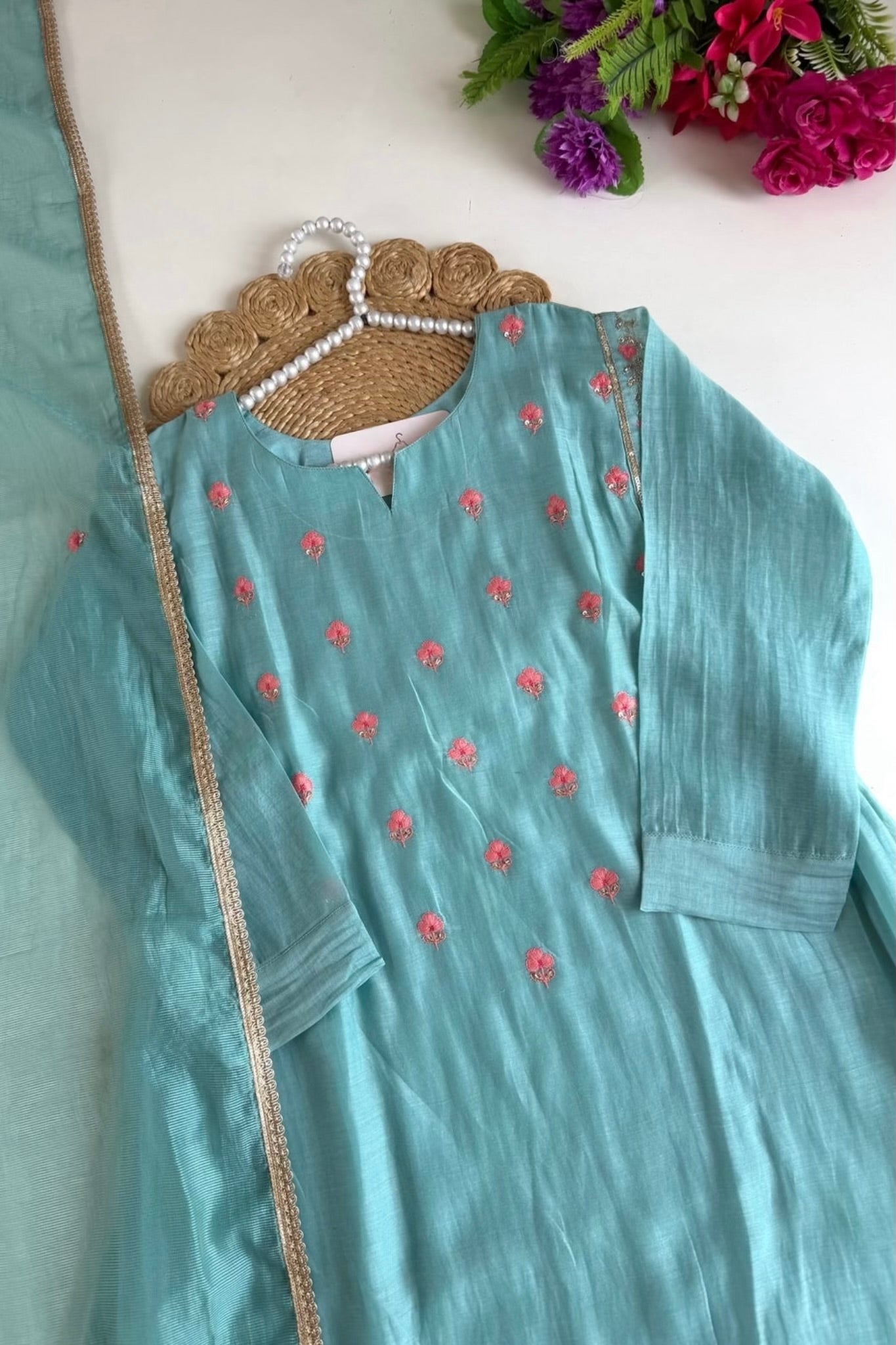 🛍️”Delilah – Premium Aqua Green Mul Chanderi A Line Kurta Set
