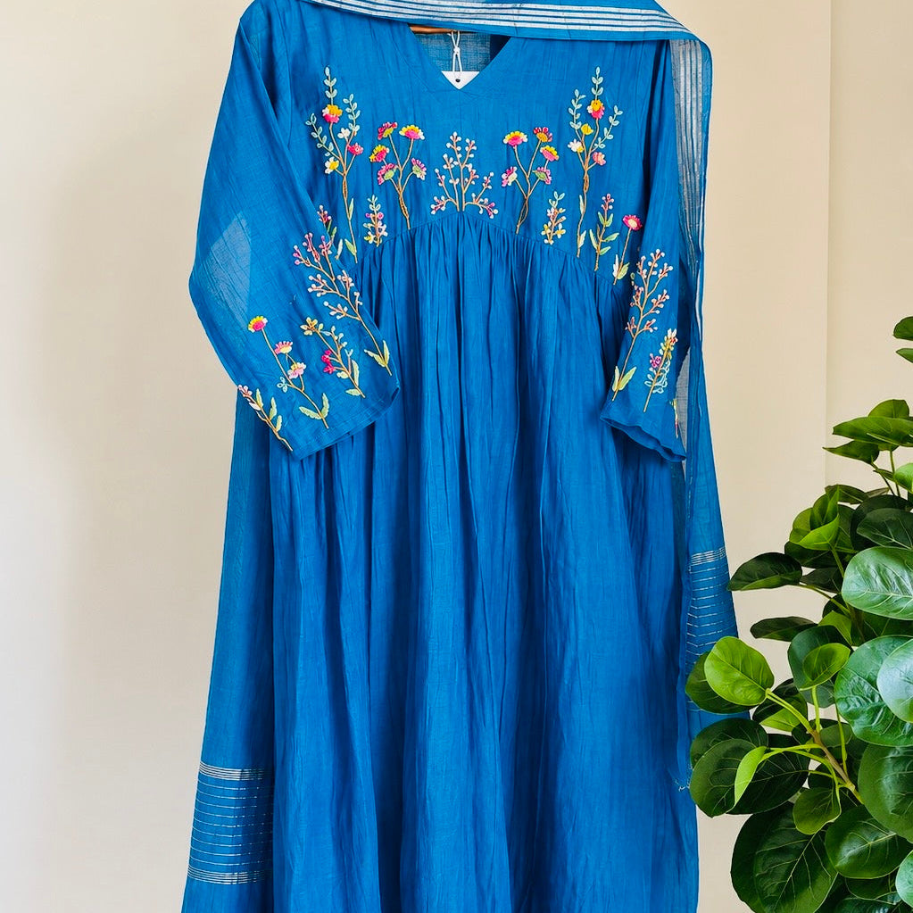 💙AYRA- Blue Mul Chanderi Thread Work Anarkali Kurta Set