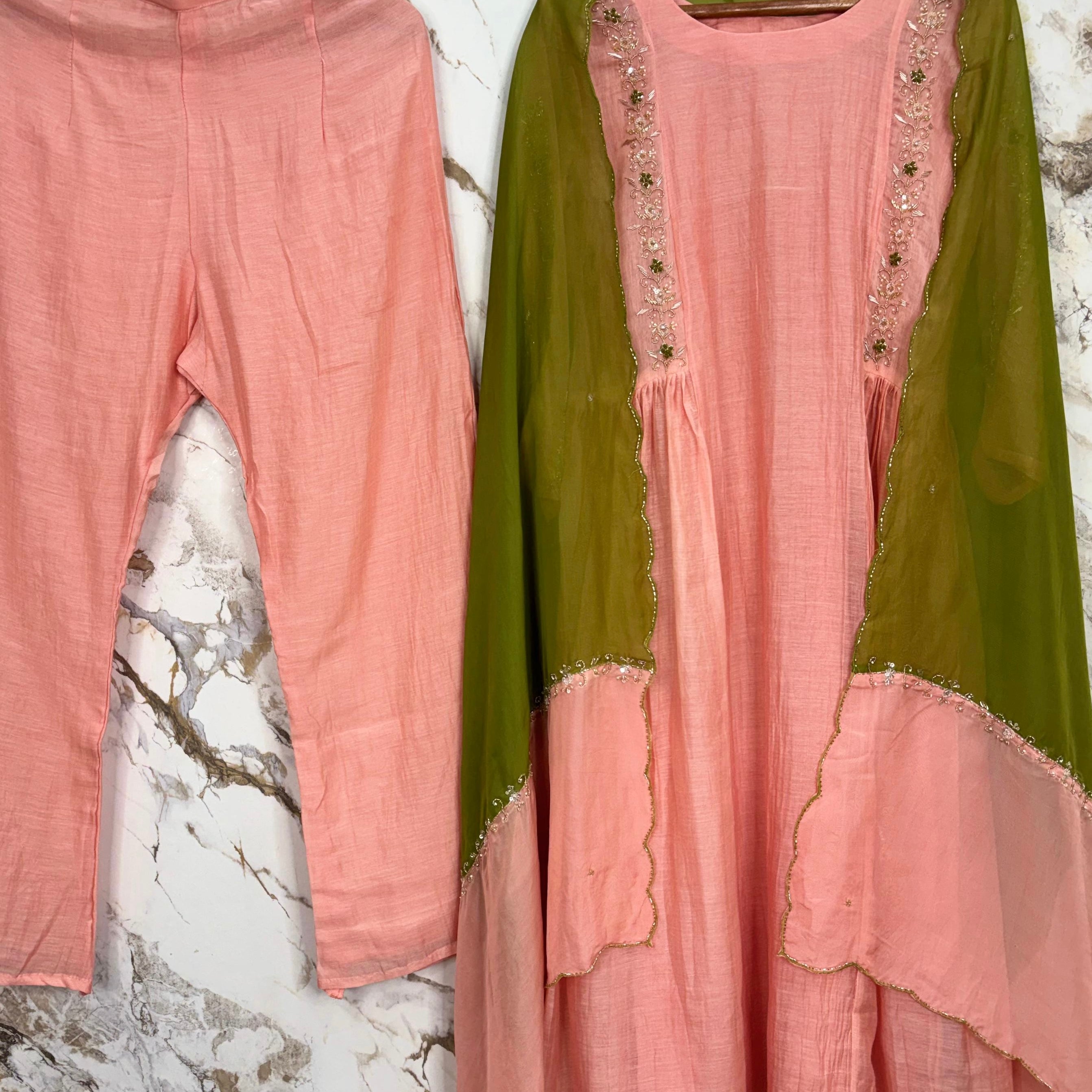 ✨”Princi- Premium Coral Rose Mul Chanderi Anarkali Kurta Set