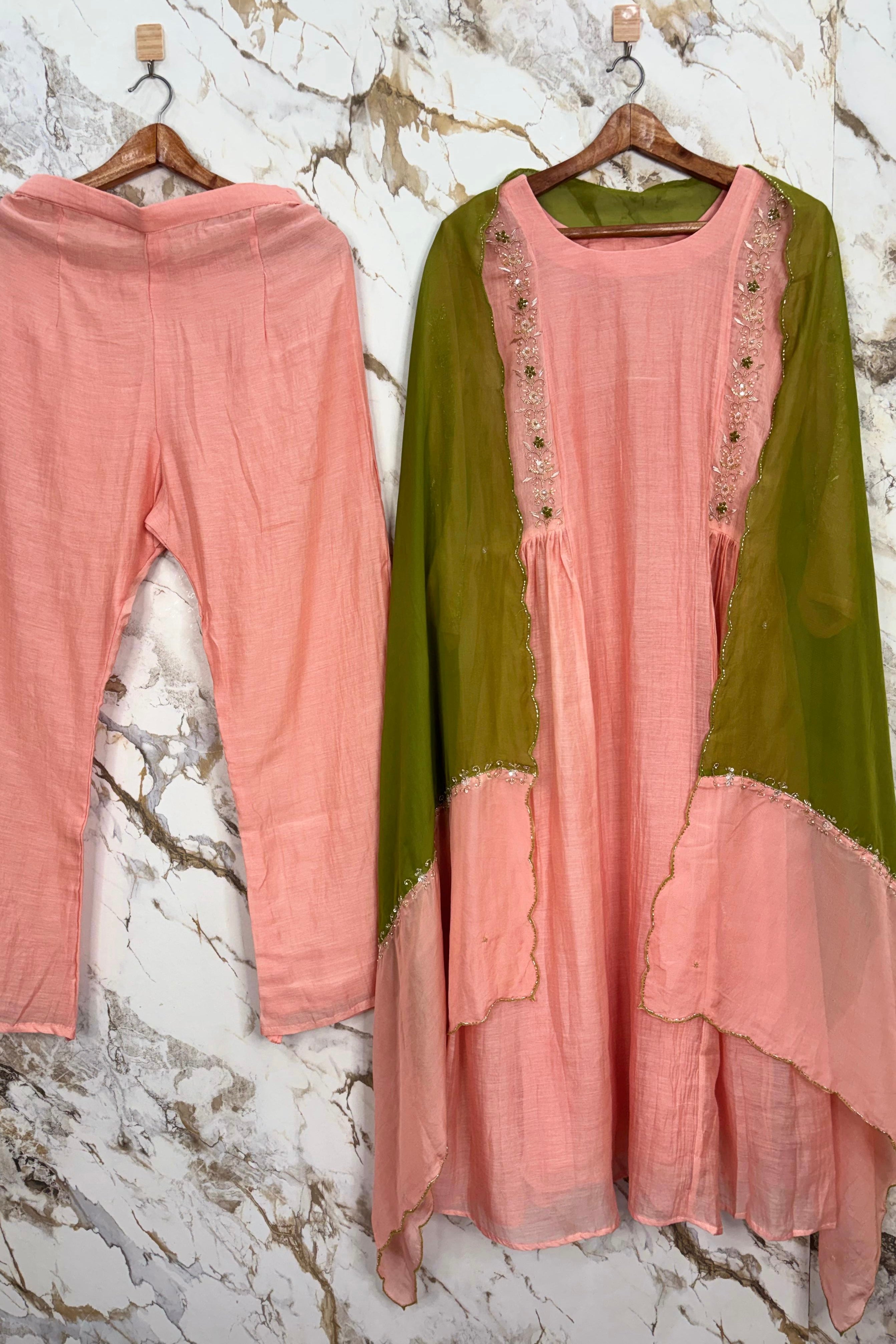✨”Princi- Premium Coral Rose Mul Chanderi Anarkali Kurta Set