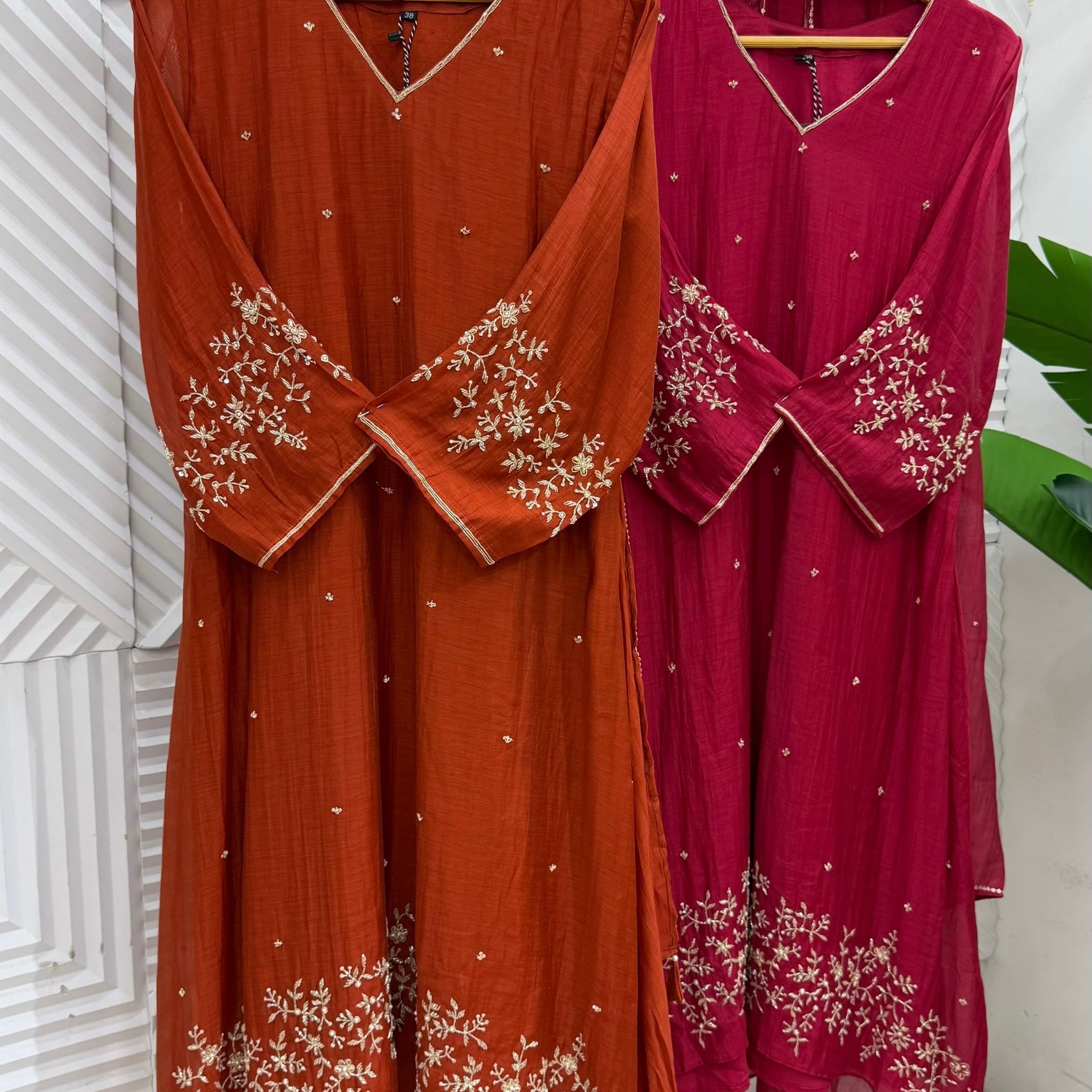 ✨Samaira - Premium Banaras mul chanderi Daman work A Line Kurta Set
