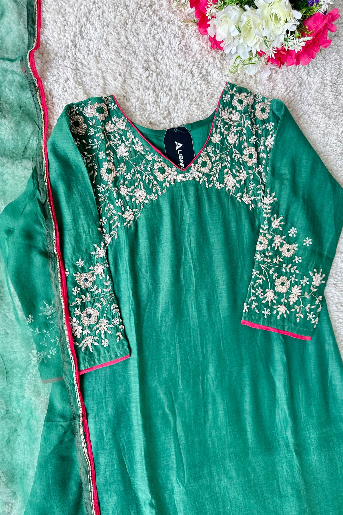 ✨Myra - Premium Green Mul Chanderi A-Line Anarkali Kurta set