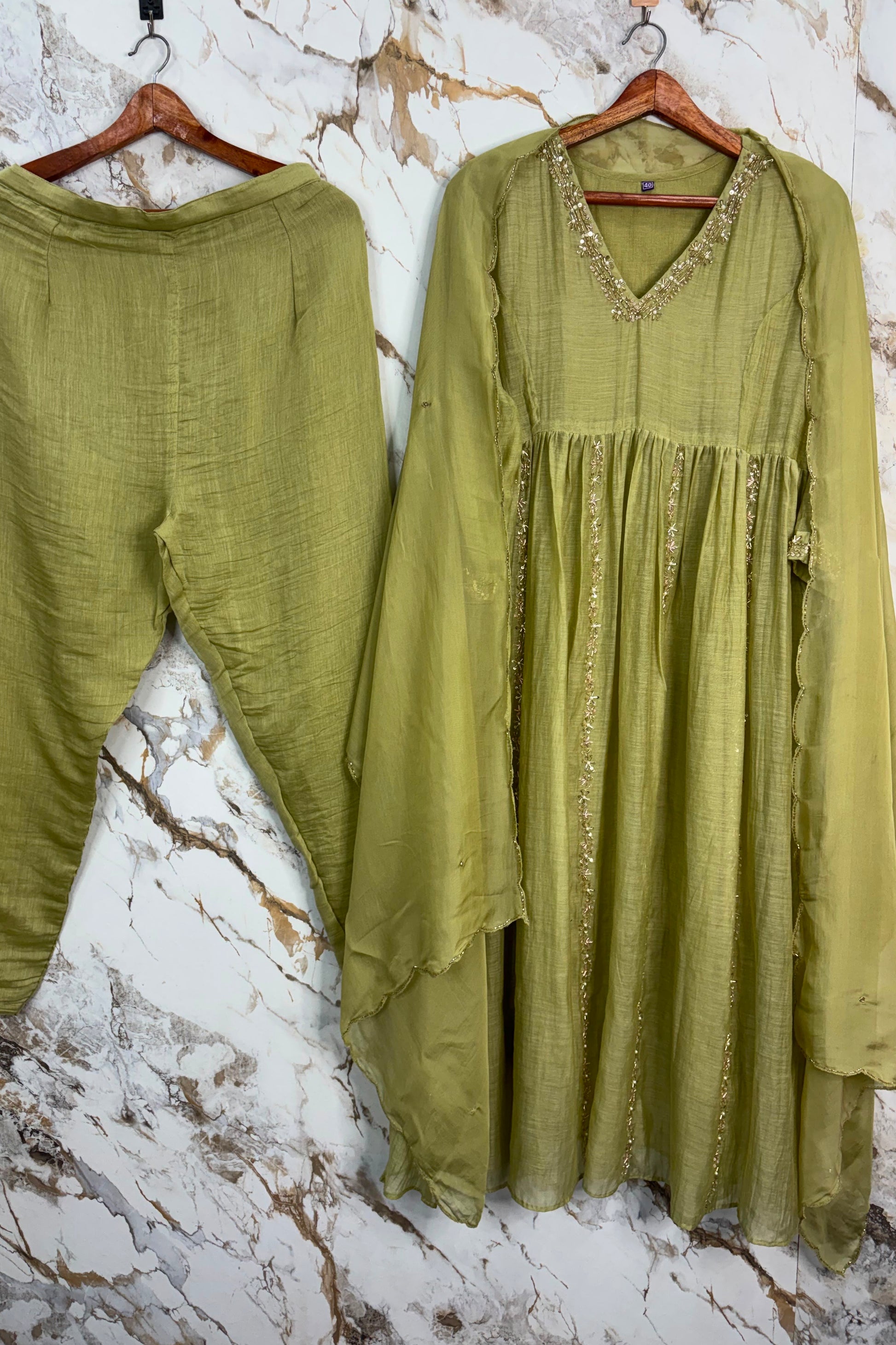 ✨Florence - Olive Pistachio Mul Chanderi Anarkali Suit set 🛍️