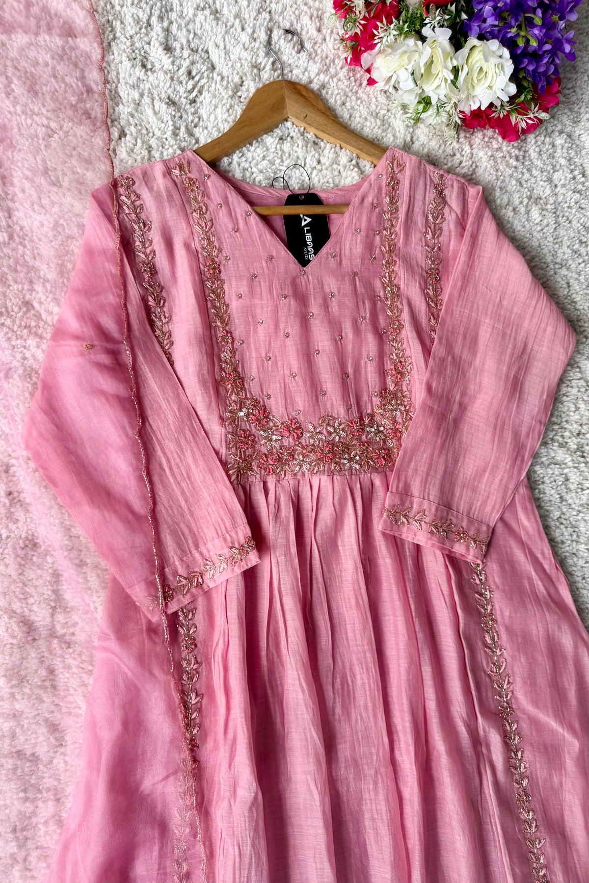 “Ayza” Premium Blush Rose Pink  Mul Chanderi A Line Suit set