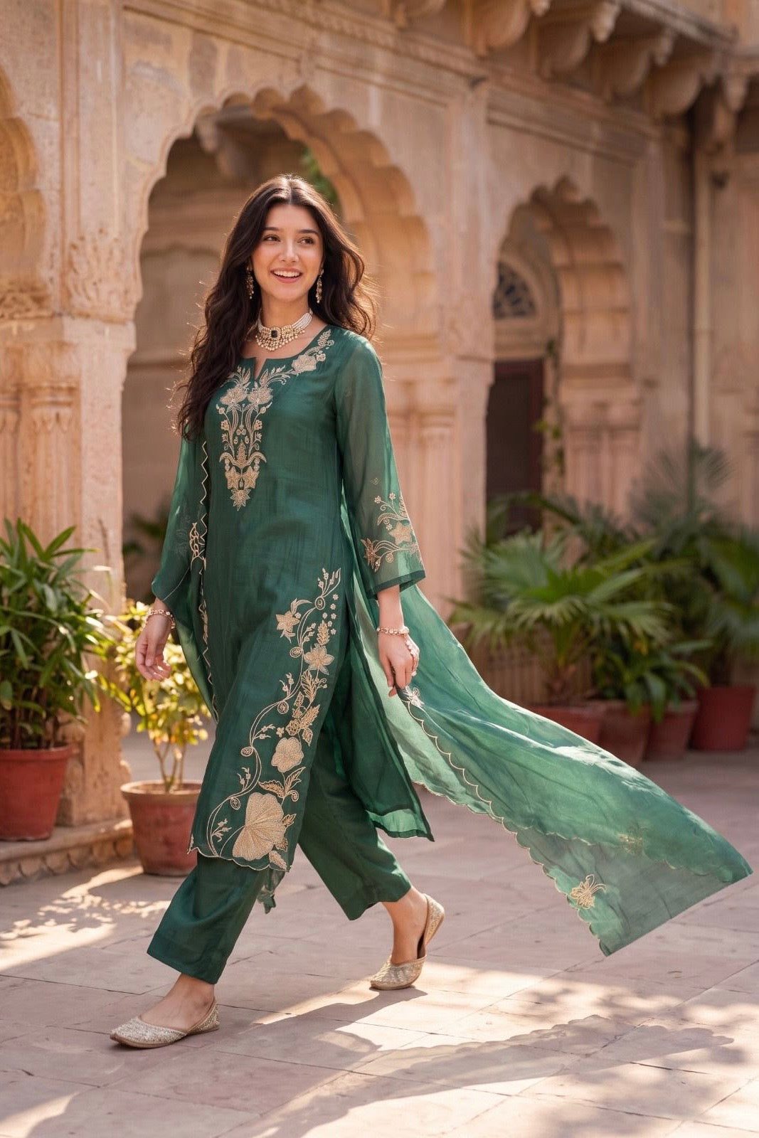 ✨Navira - Green Banaras mul chanderi Embroidered Straight Kurta Set