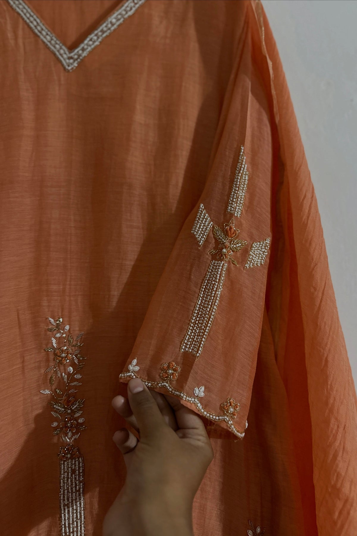 ✨ Mishka- Premium Coral Peach Mul Chanderi A Line Kurta Set