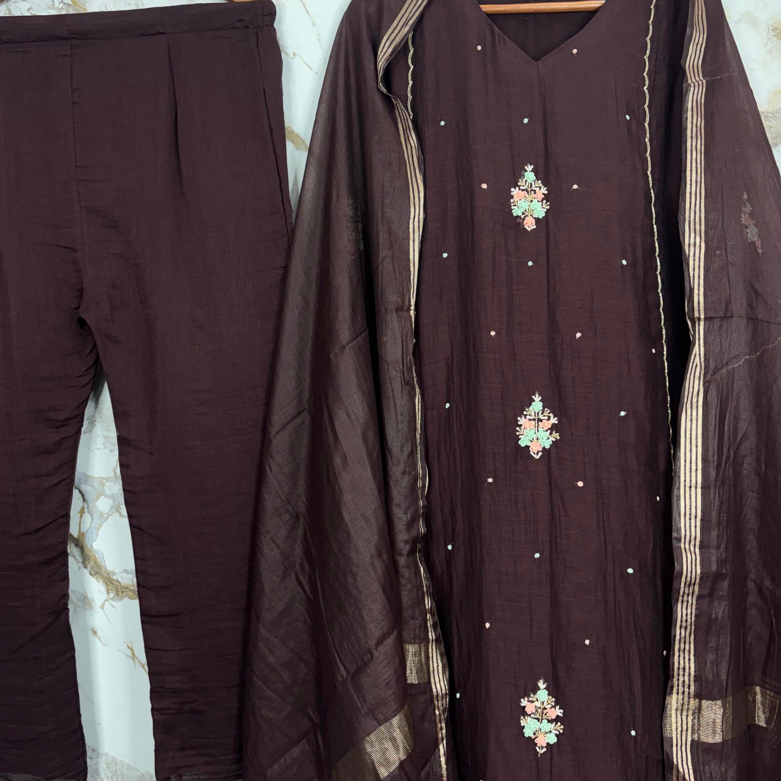 ✨Myra - Brown Mul Chanderi A-Line Anarkali Kurta set