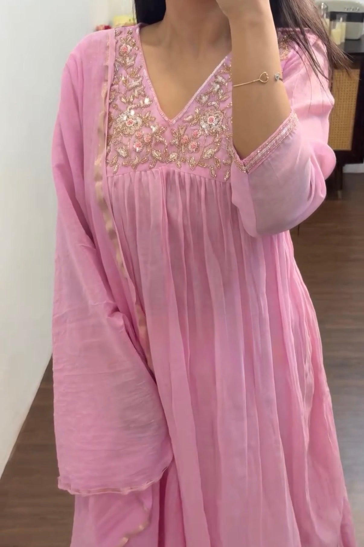 ✨”Mahek- Premium Pink Mul Chanderi A-Line Kurta Set✨