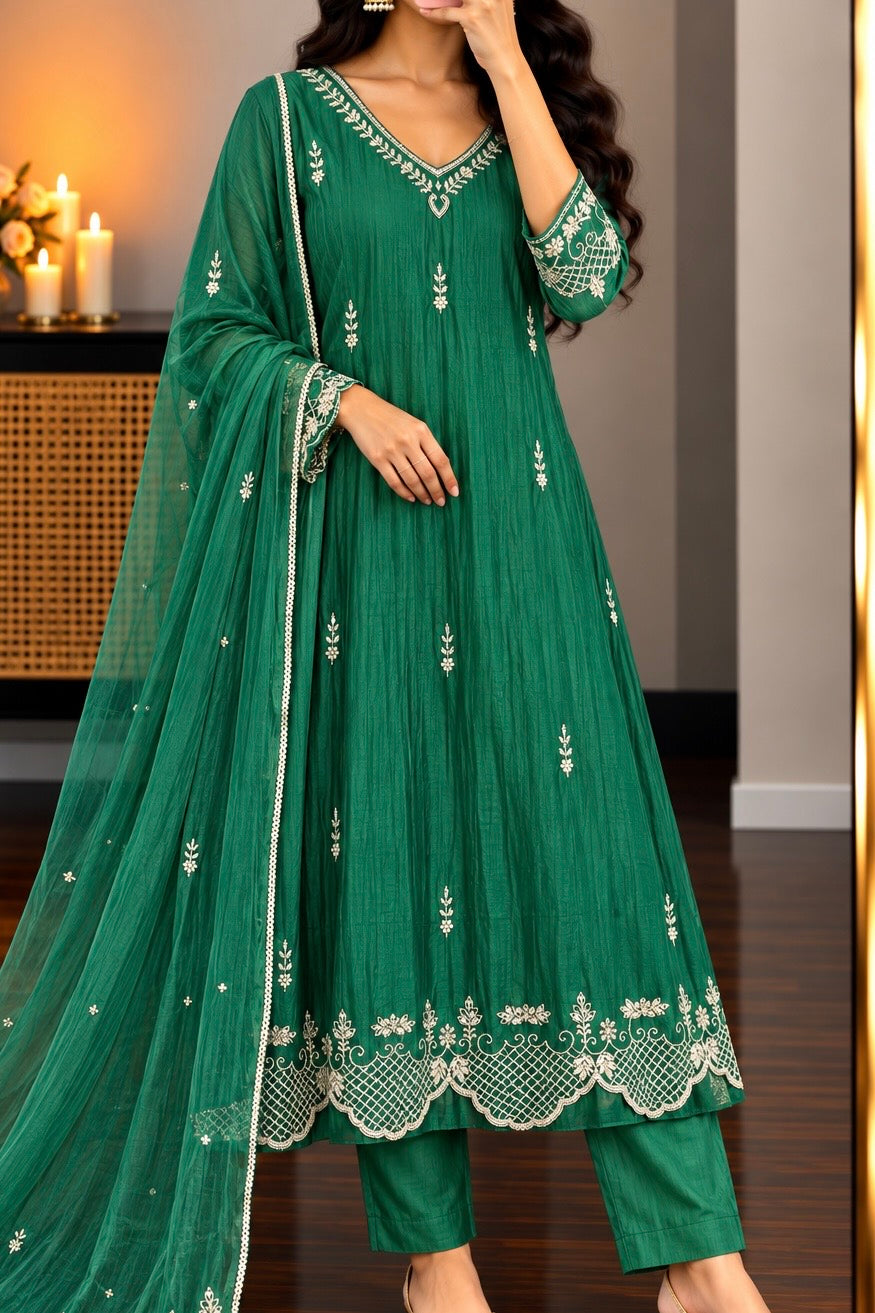 ✨Eshal - Premium Green Mul Chanderi A-Line Kurta Set