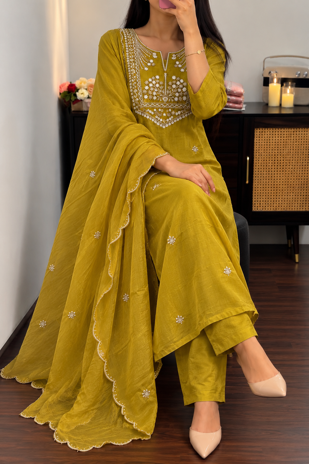 “Shama” Beautiful Lime party wear Tissue silk kurta set