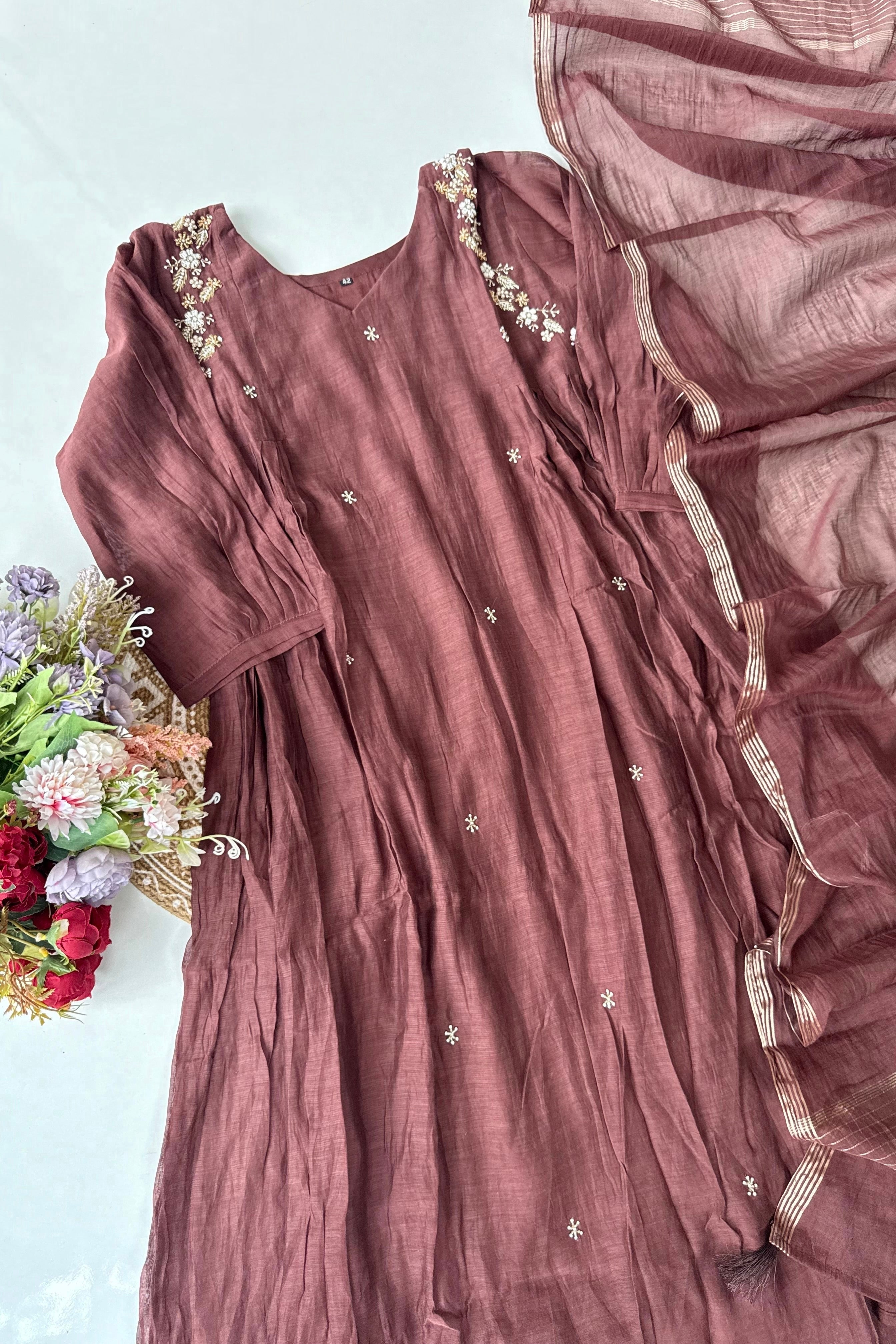 “Zayna” Premium Rich Brown Mul Chanderi anarkali kurta set