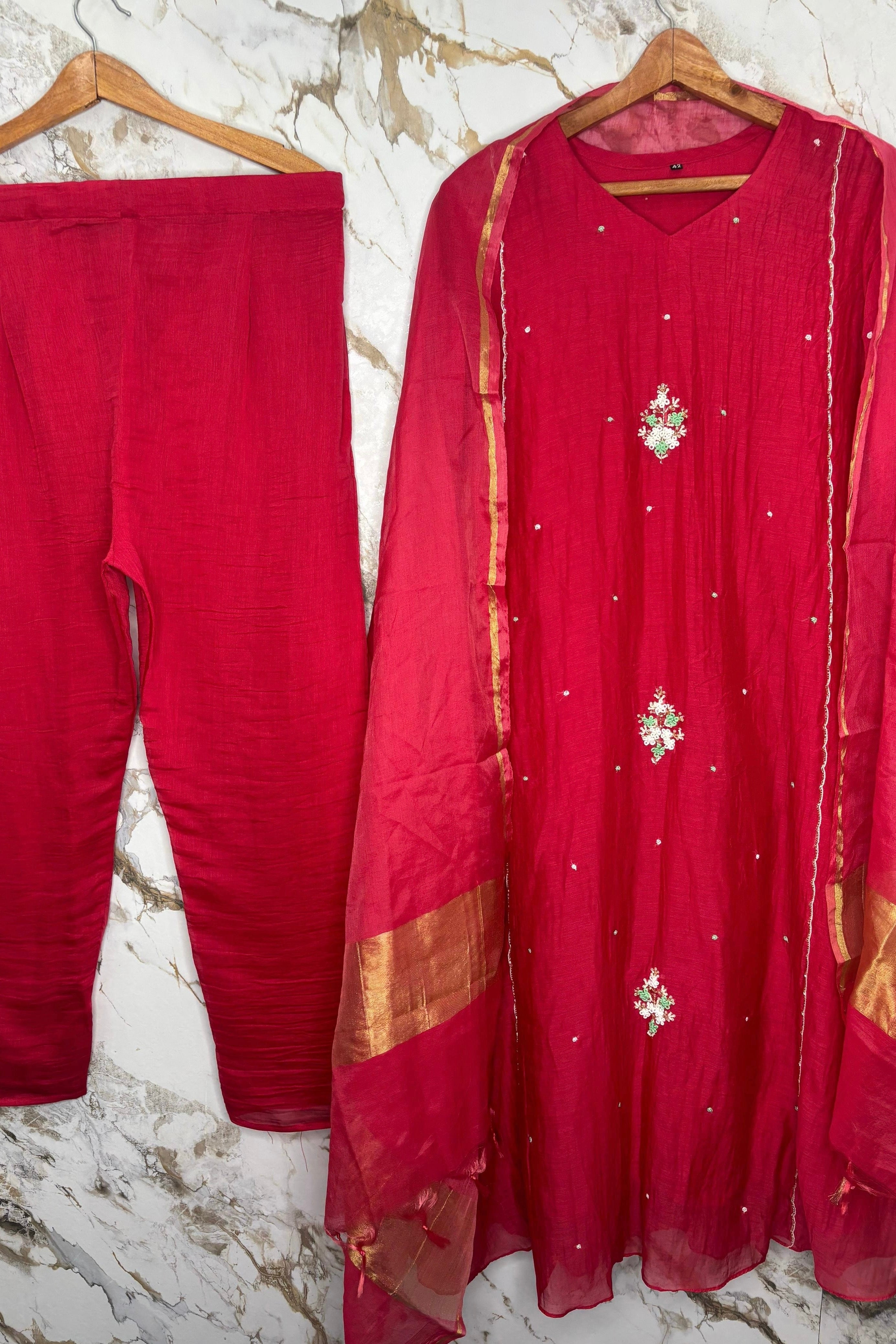 “Myra” Red Mul Chanderi A-Line Anarkali Kurta set✨