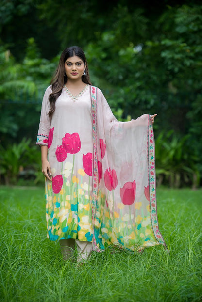 “Beauty ” Crepe Silk V neck kurti bottom with dupatta set 🛍️