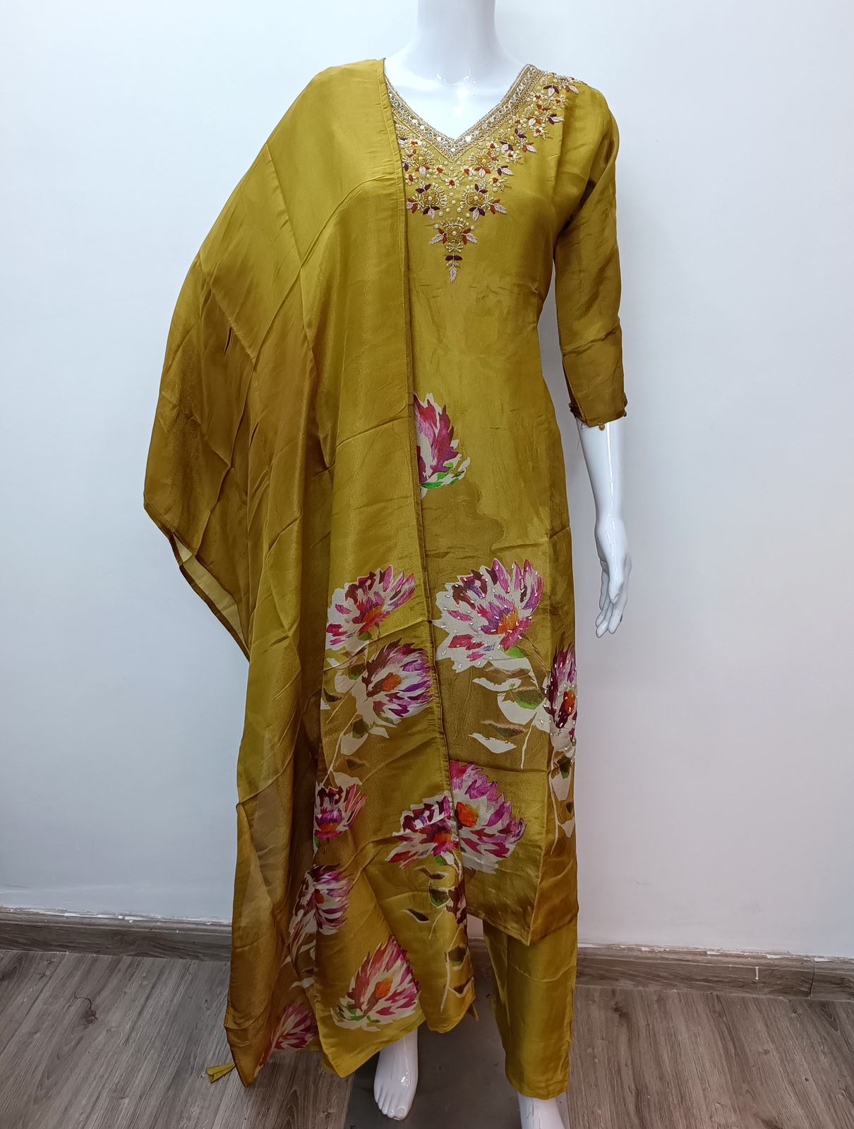 "MARYAM" Mustard printed Tissue silk kurti with heavy handwork set