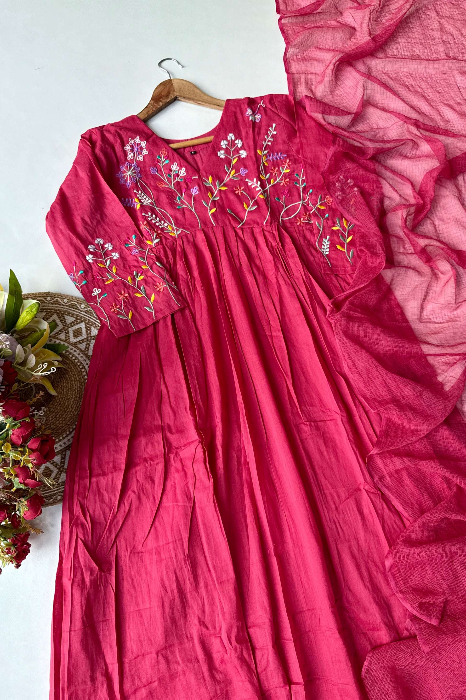 “Ziva” Beautiful Pink Mul Cotton Embroidered Anarkali Kurta Set