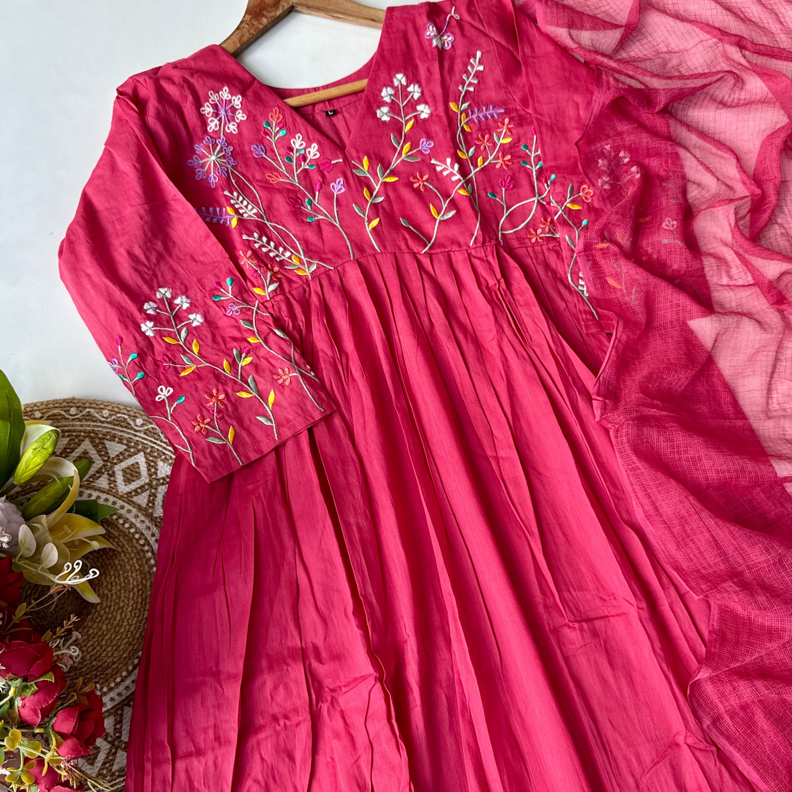 “Ziva” Beautiful Pink Mul Cotton Embroidered Anarkali Kurta Set