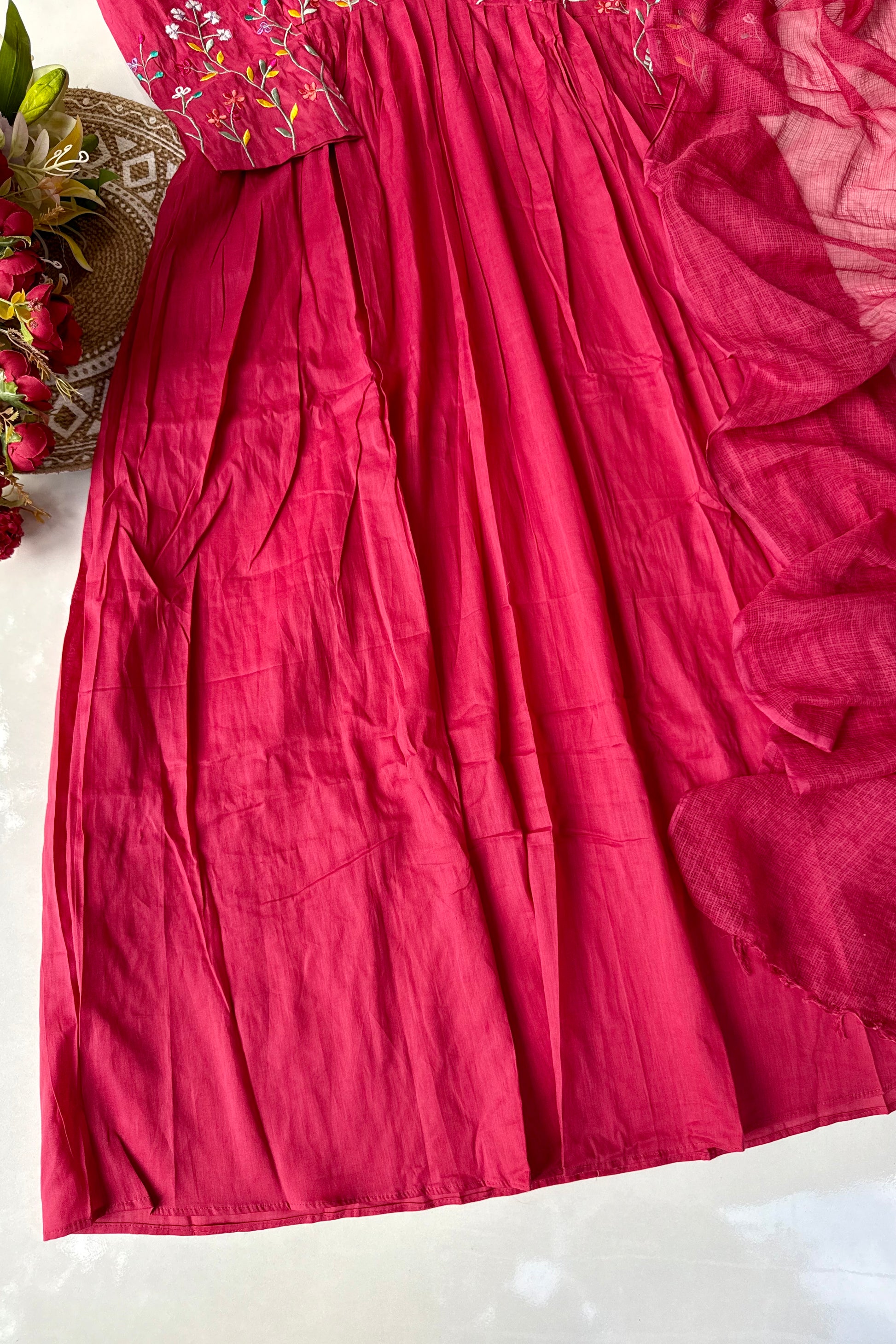 “Ziva” Beautiful Pink Mul Cotton Embroidered Anarkali Kurta Set