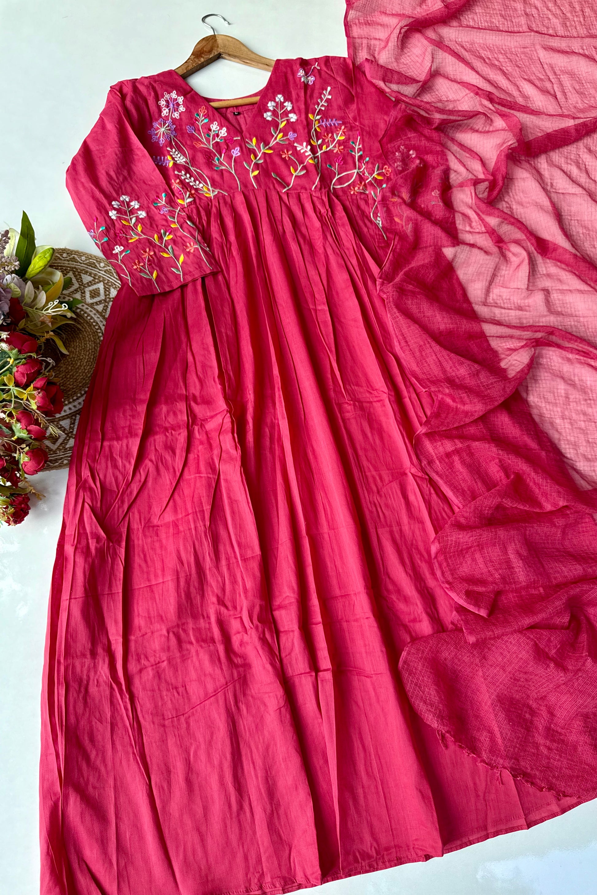 “Ziva” Beautiful Mul Cotton Embroidered Anarkali Kurta Set