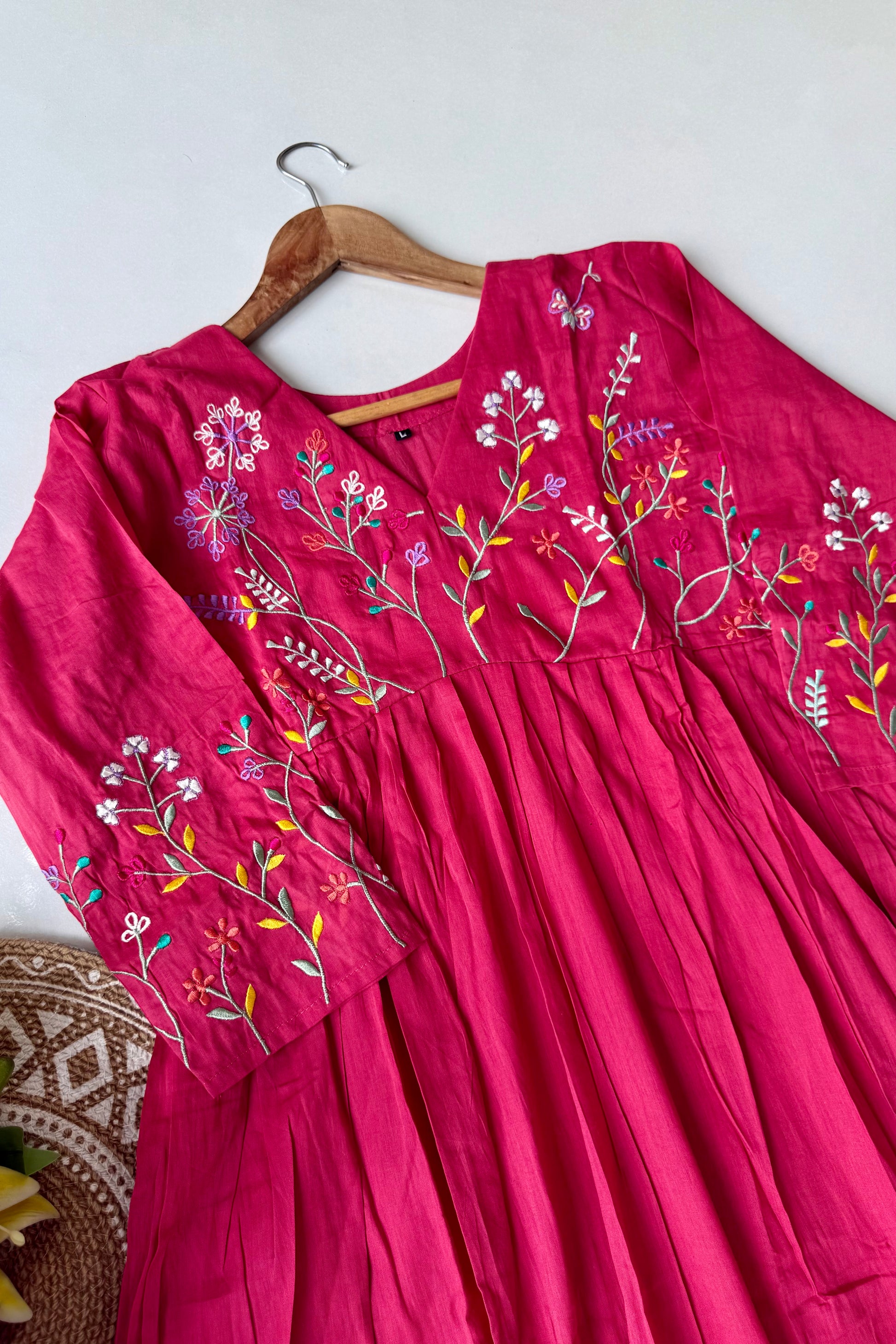 “Ziva” Beautiful Pink Mul Cotton Embroidered Anarkali Kurta Set