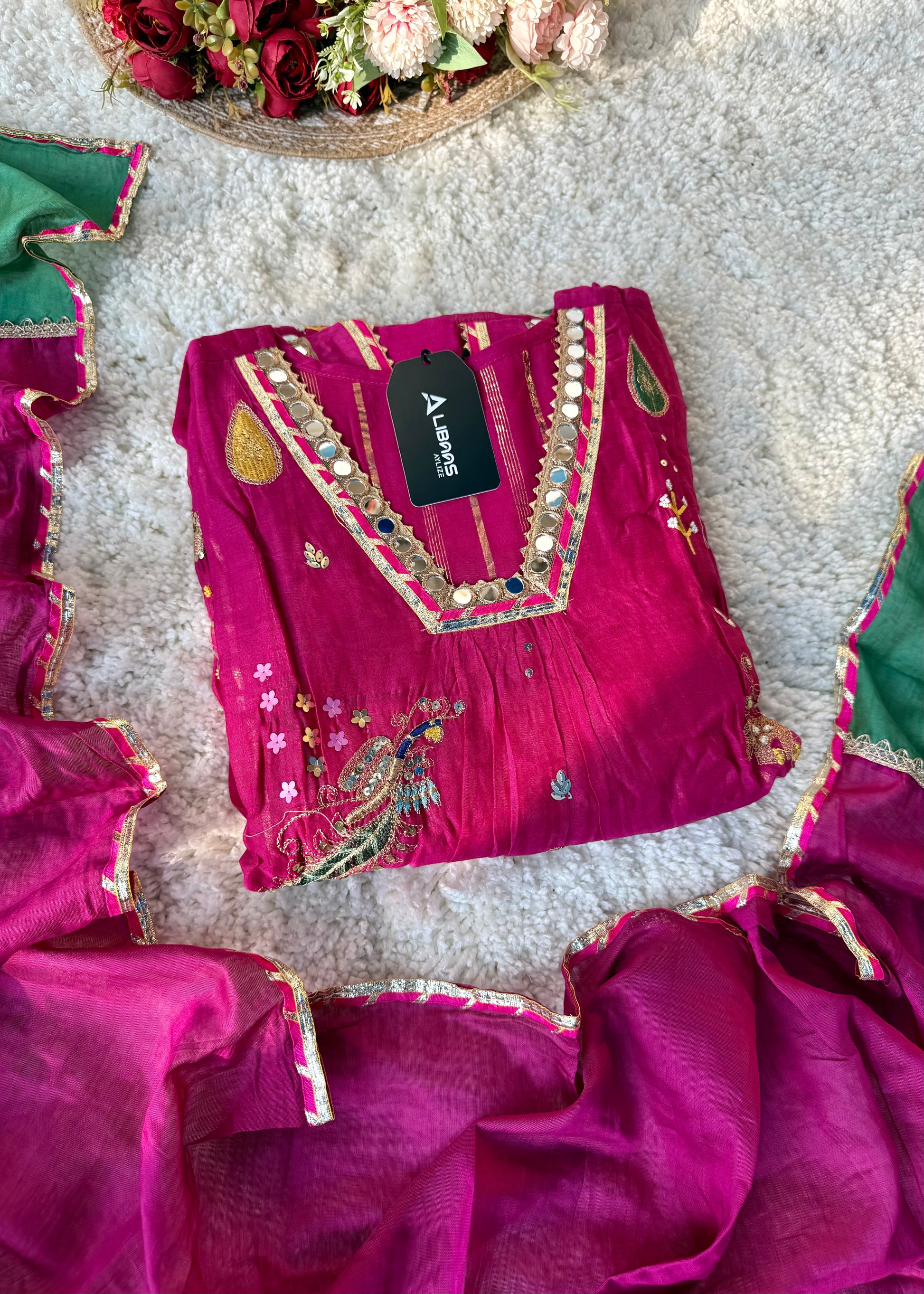 “Fuchsia” Trending Mul Chanderi Heavy Handwork A Line Suit Set