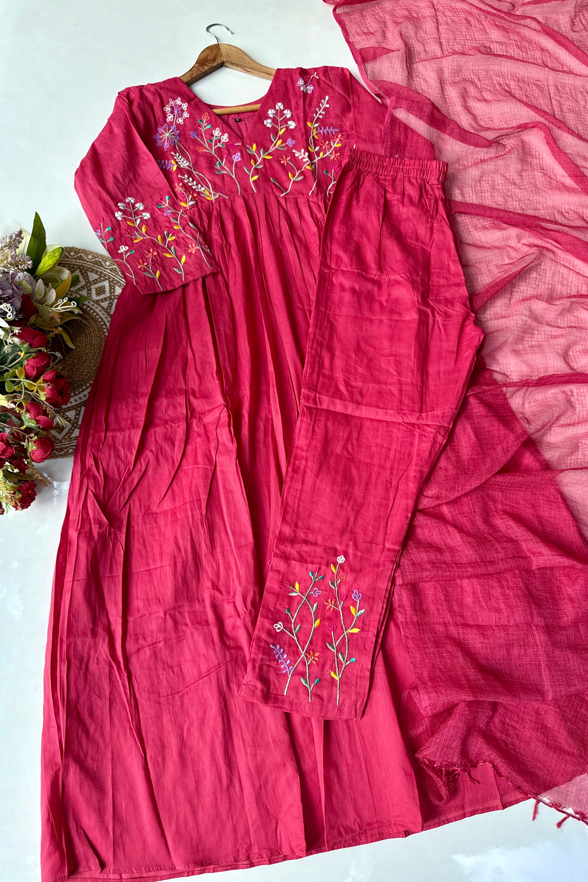 “Ziva” Beautiful Mul Cotton Embroidered Anarkali Kurta Set