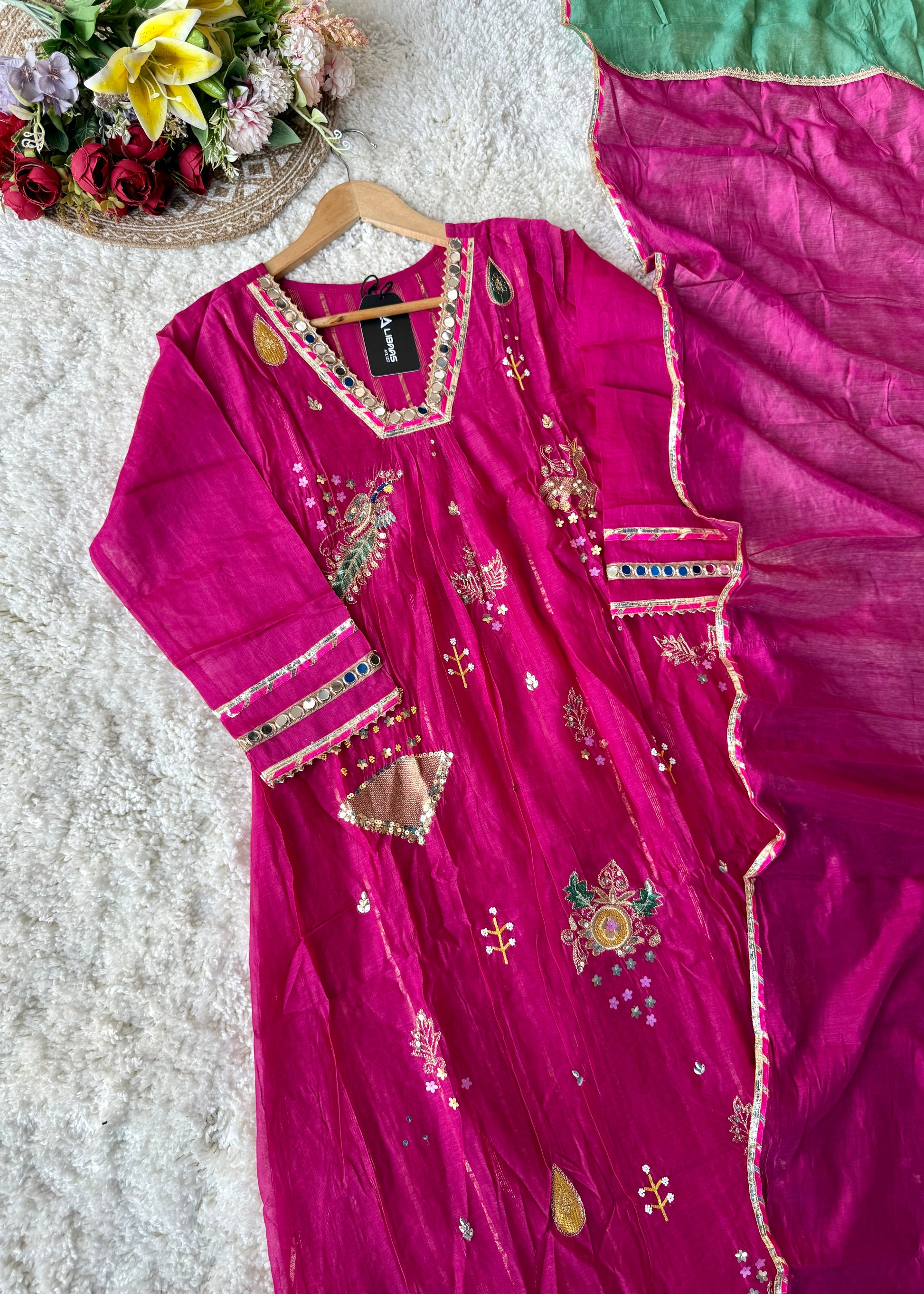 “Fuchsia” Trending Mul Chanderi Heavy Handwork A Line Suit Set