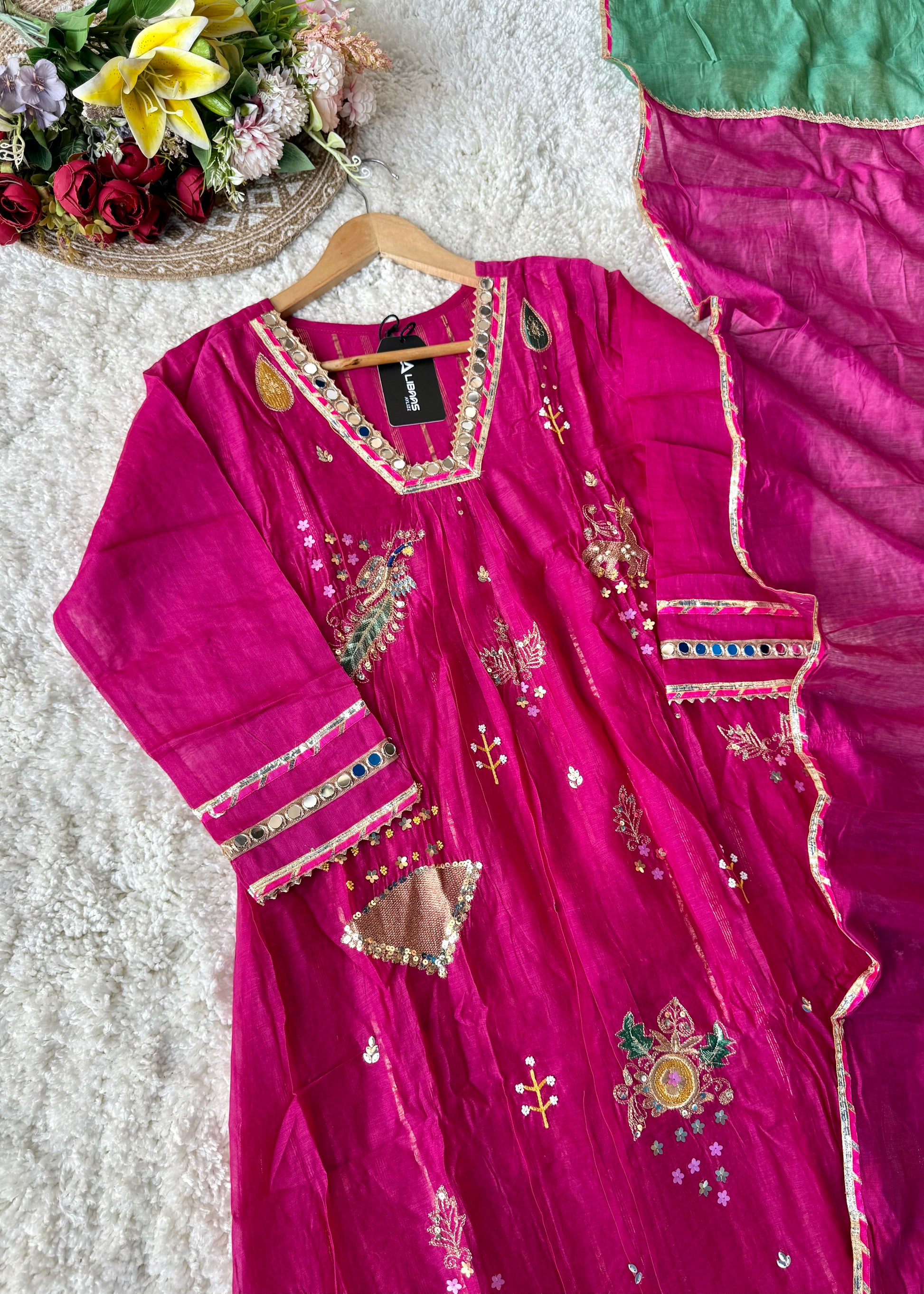 “Fuchsia” Trending Mul Chanderi Heavy Handwork A Line Suit Set