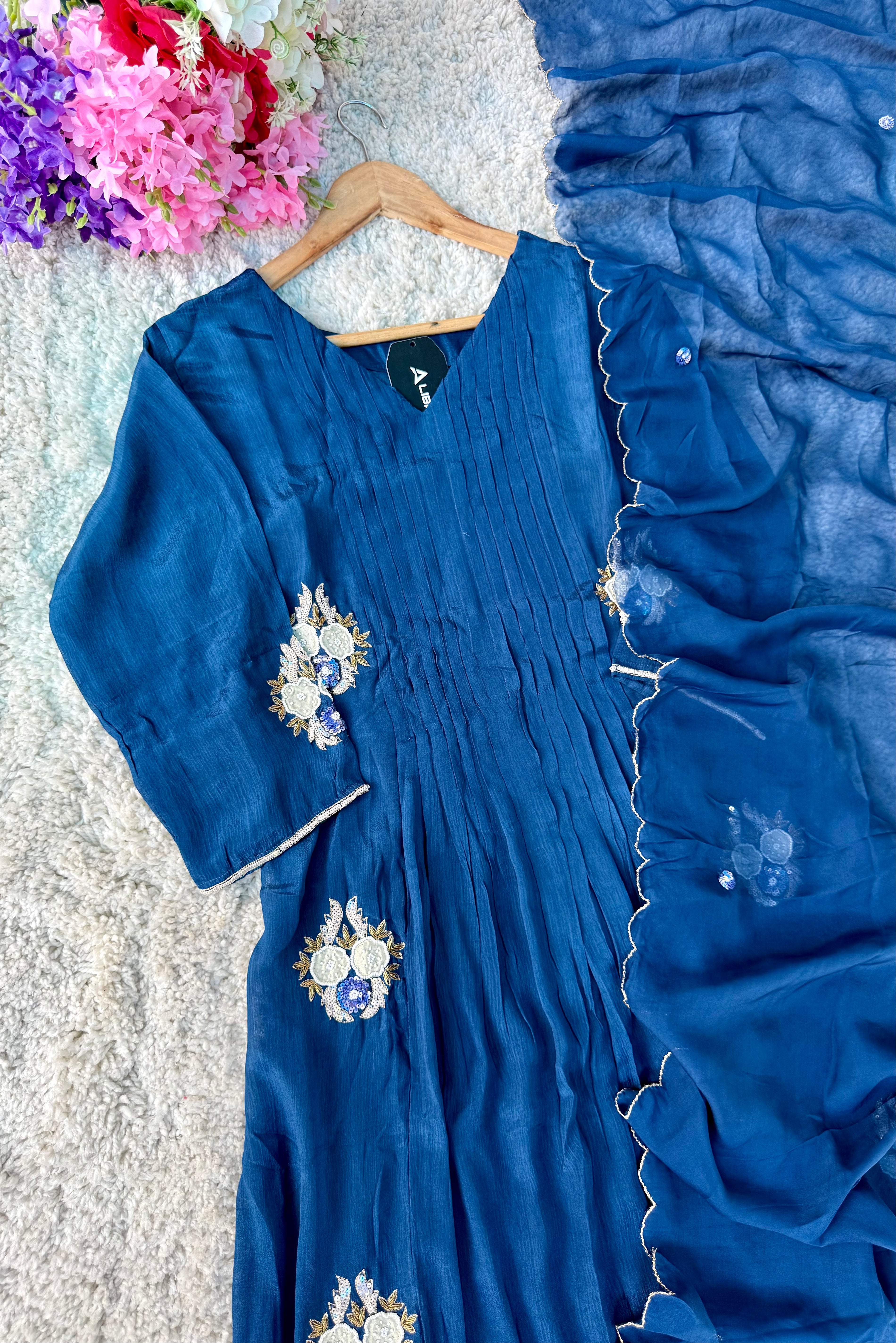 💫Maya – Premium Blue Chinnon A Line Kurta Set