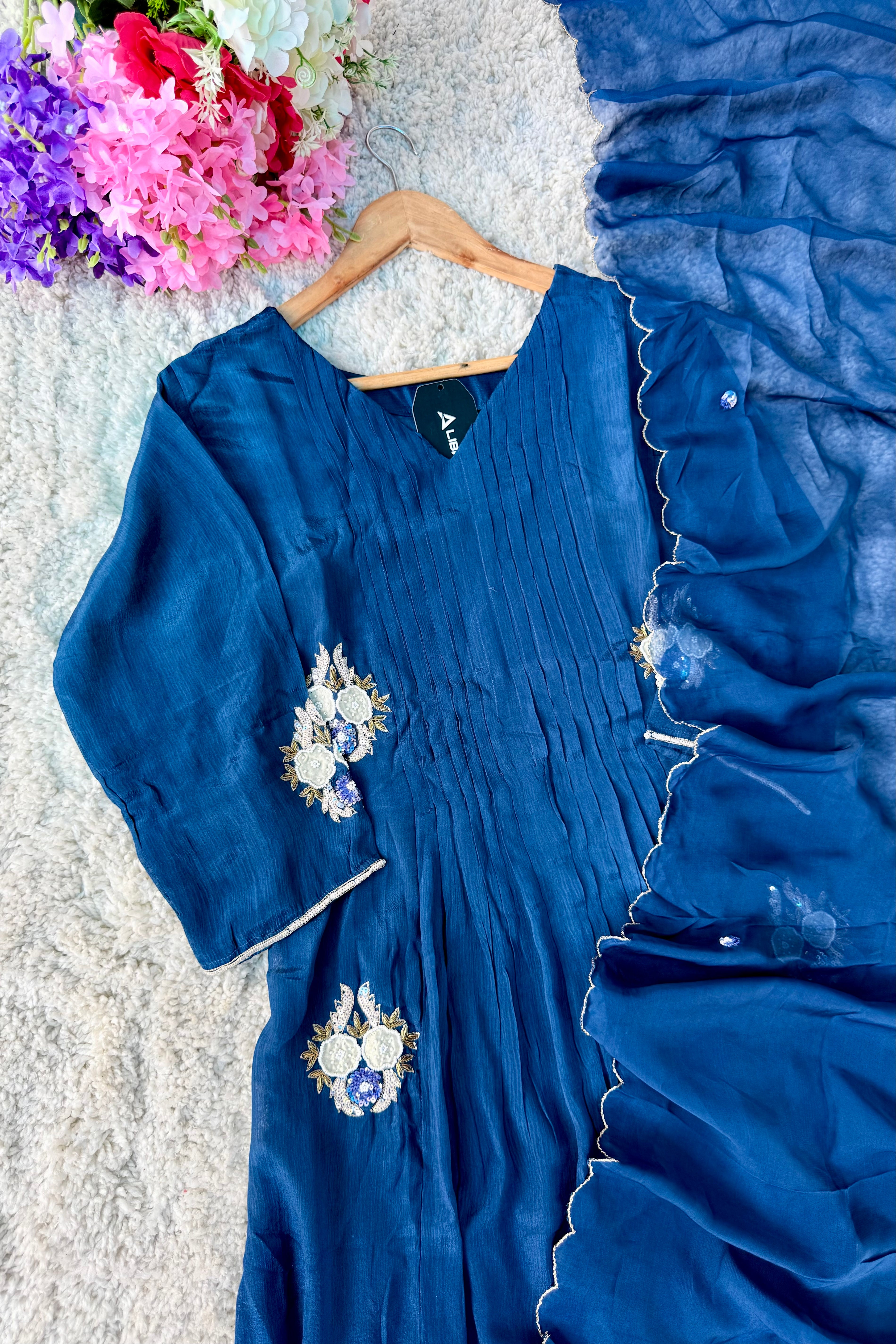 💫Maya – Premium Blue Chinnon A Line Kurta Set