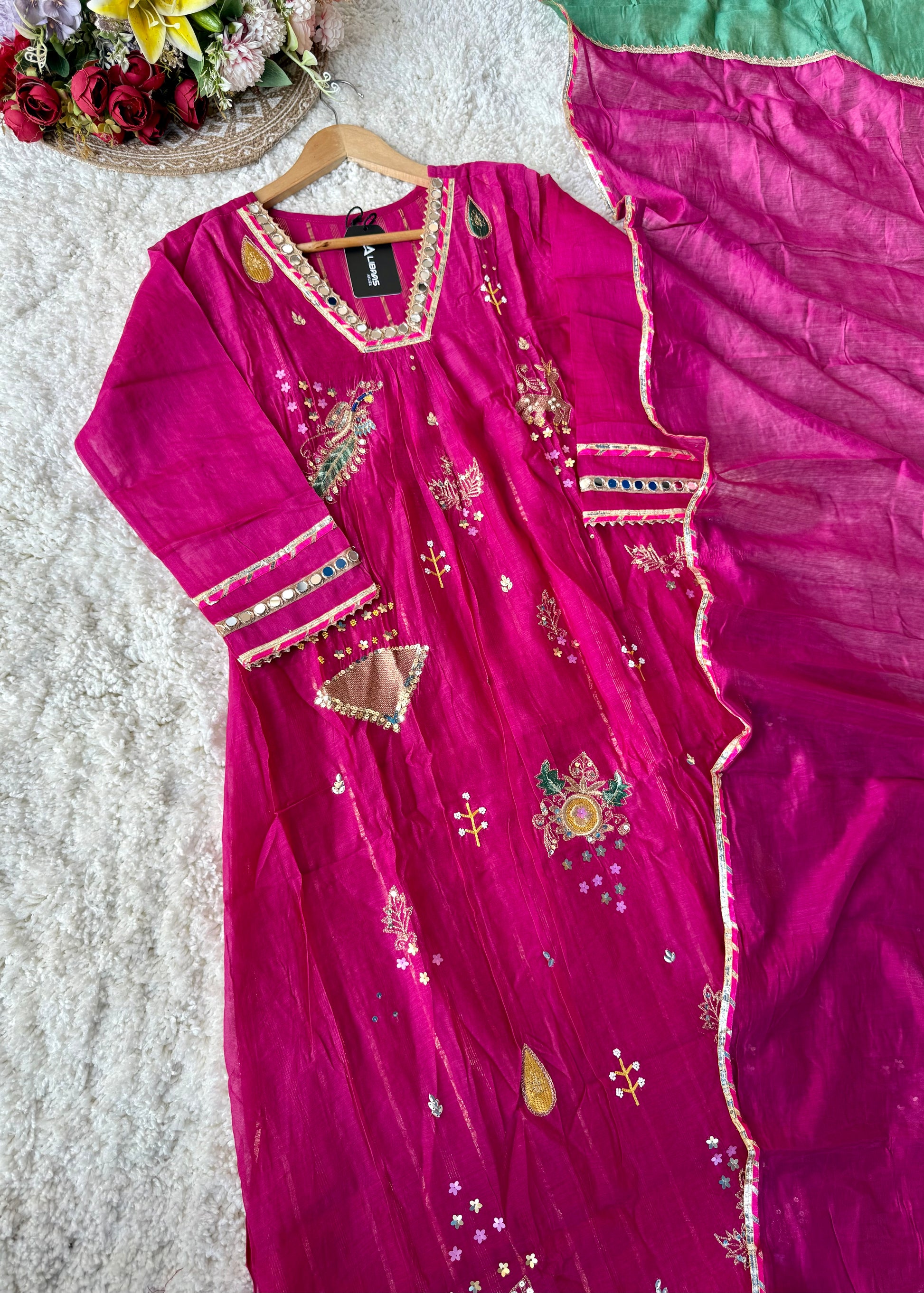 “Fuchsia” Trending Mul Chanderi Heavy Handwork A Line Suit Set