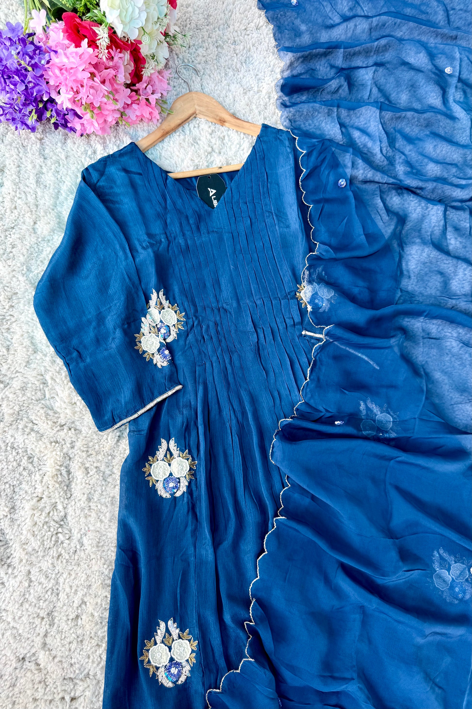 💫Maya – Premium Blue Chinnon A Line Kurta Set