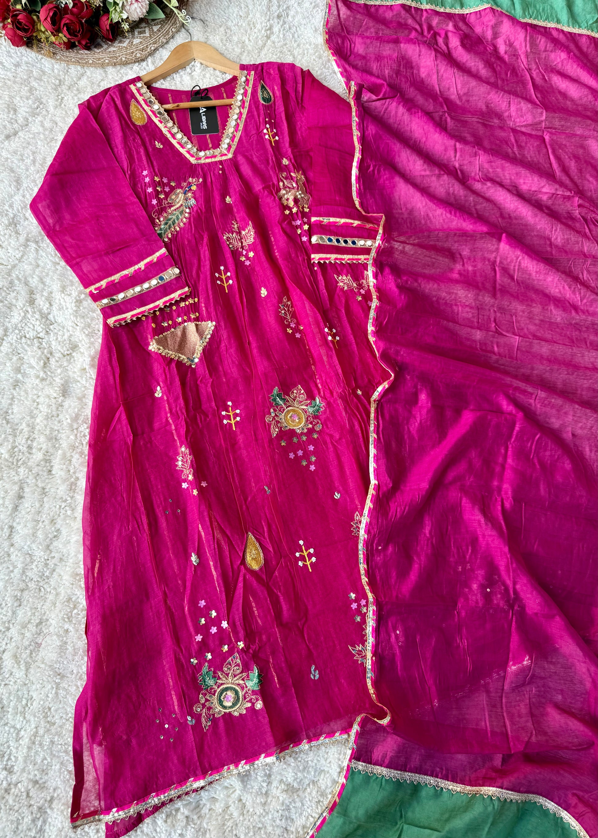 “Fuchsia” Trending Mul Chanderi Heavy Handwork A Line Suit Set