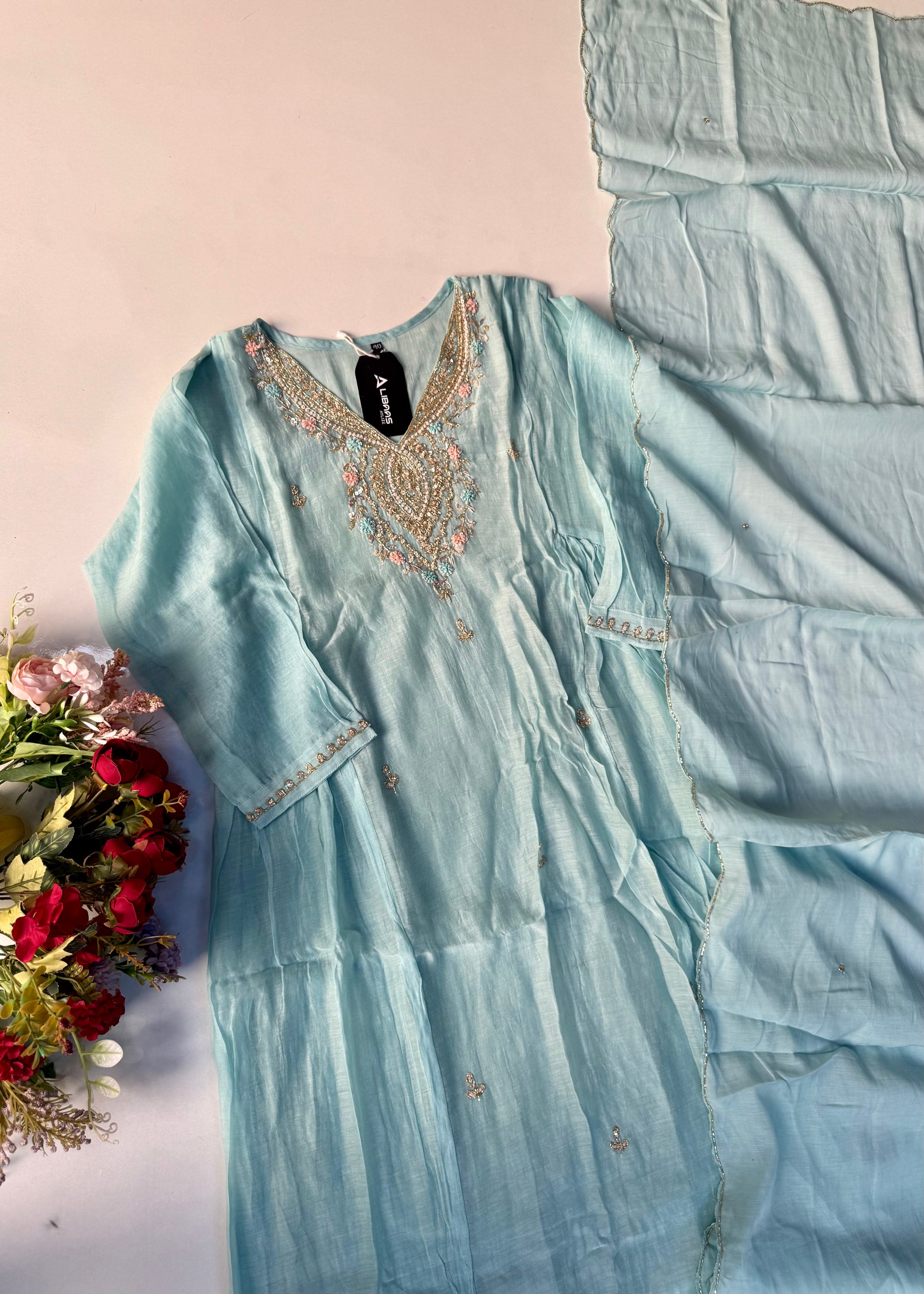 “Ziva” Pure Mul-Chanderi Party wear A Line suit set