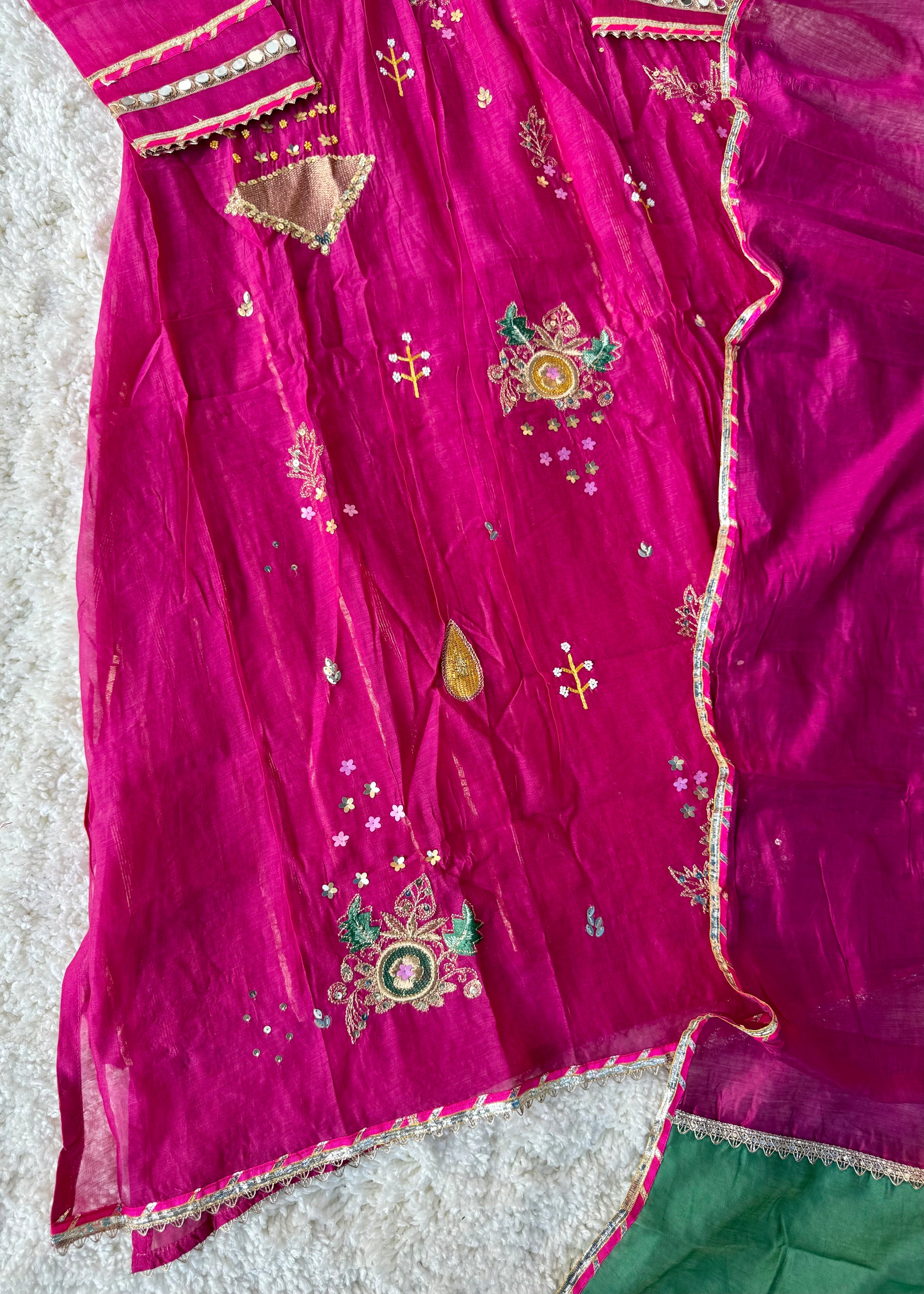 “Fuchsia” Trending Mul Chanderi Heavy Handwork A Line Suit Set