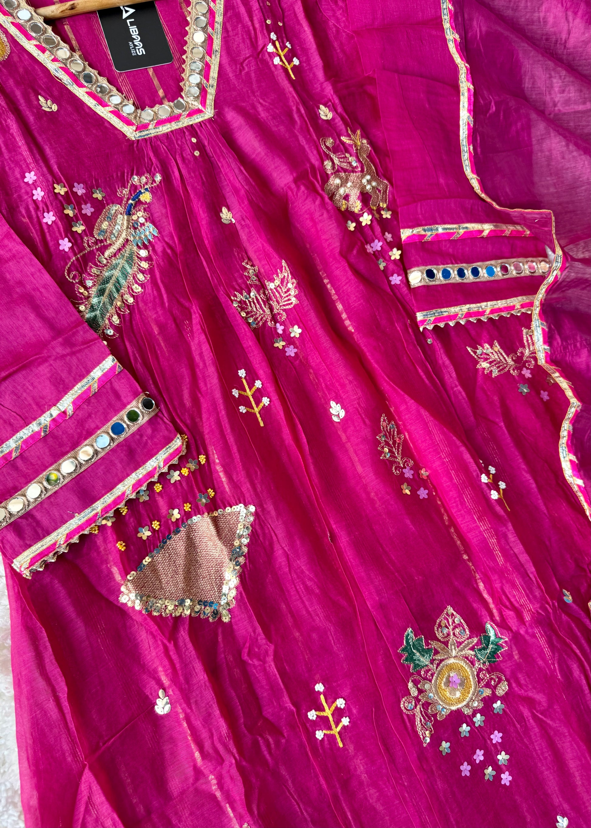 “Fuchsia” Trending Mul Chanderi Heavy Handwork A Line Suit Set