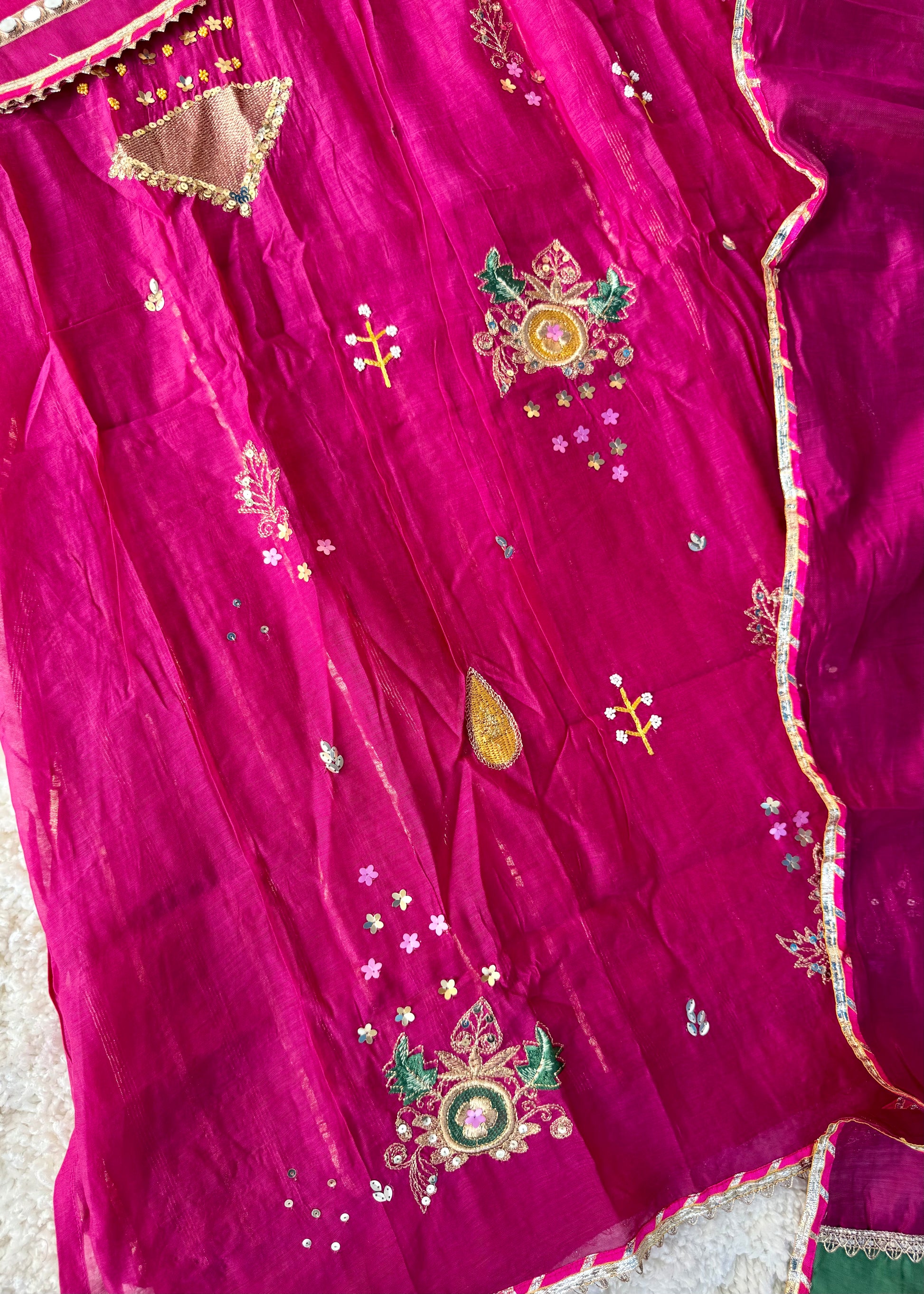 “Fuchsia” Trending Mul Chanderi Heavy Handwork A Line Suit Set