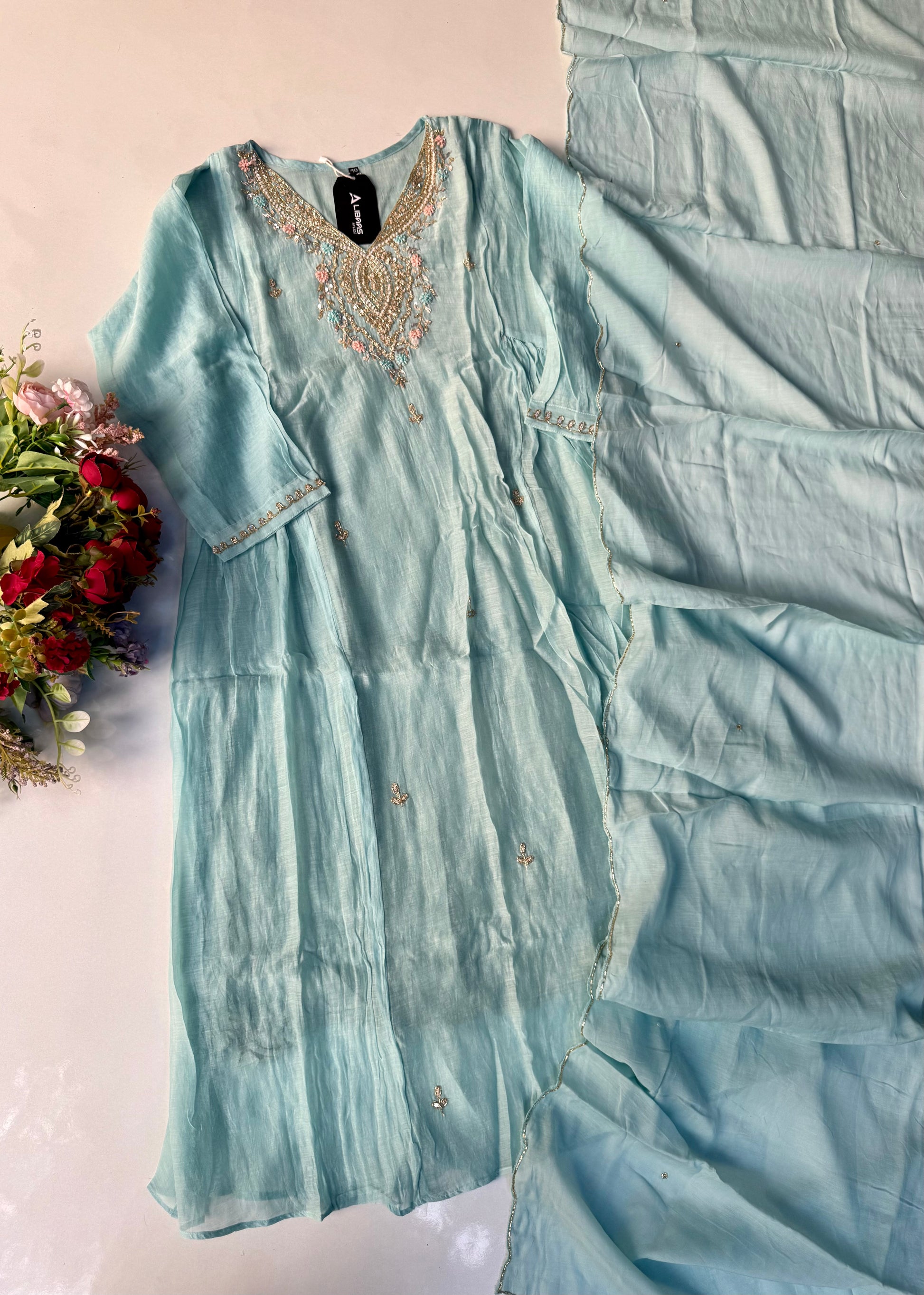 “Ziva” Pure Mul-Chanderi Party wear A Line suit set