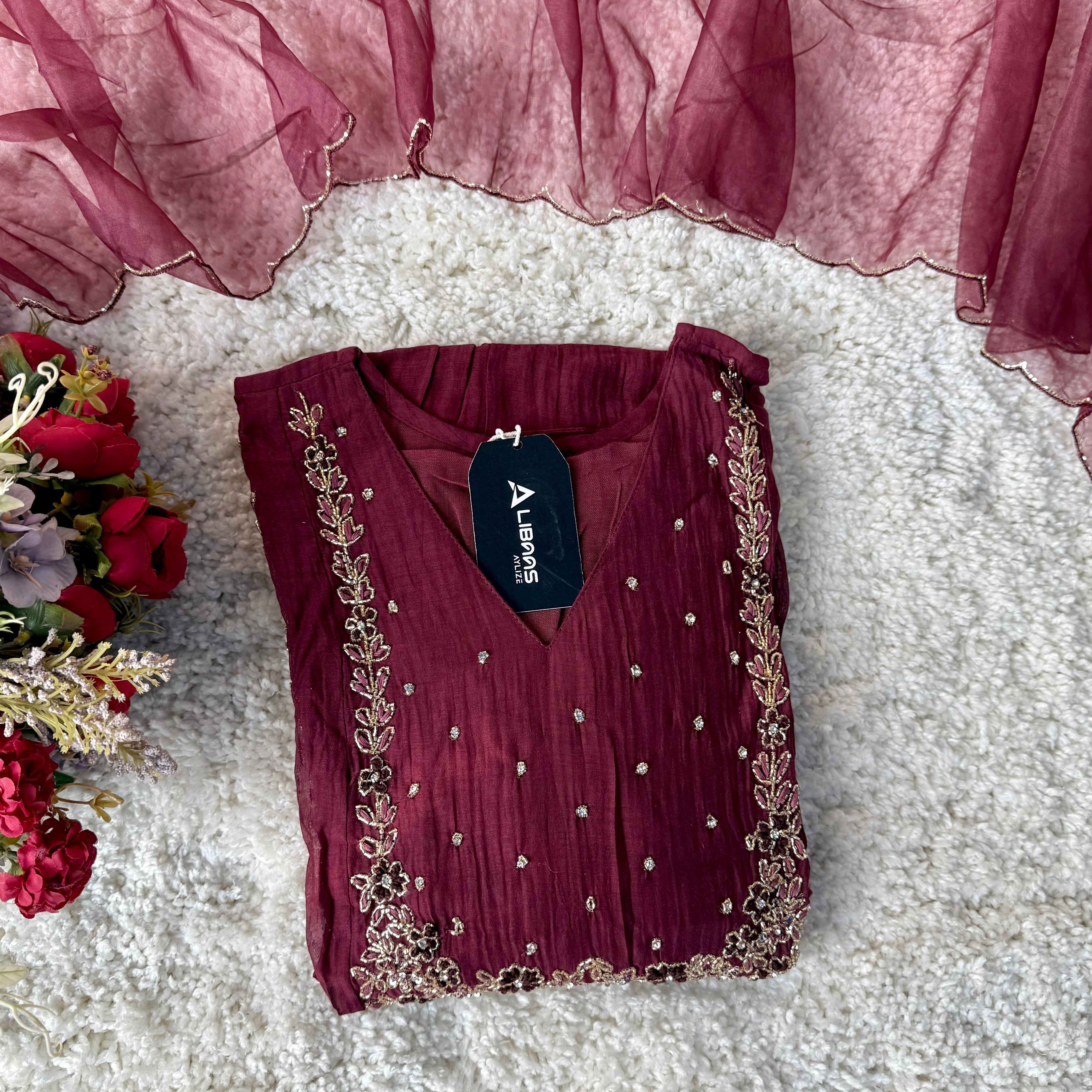 “Ayza” Premium Maroon Mul Chanderi A Line Suit set 🛍️