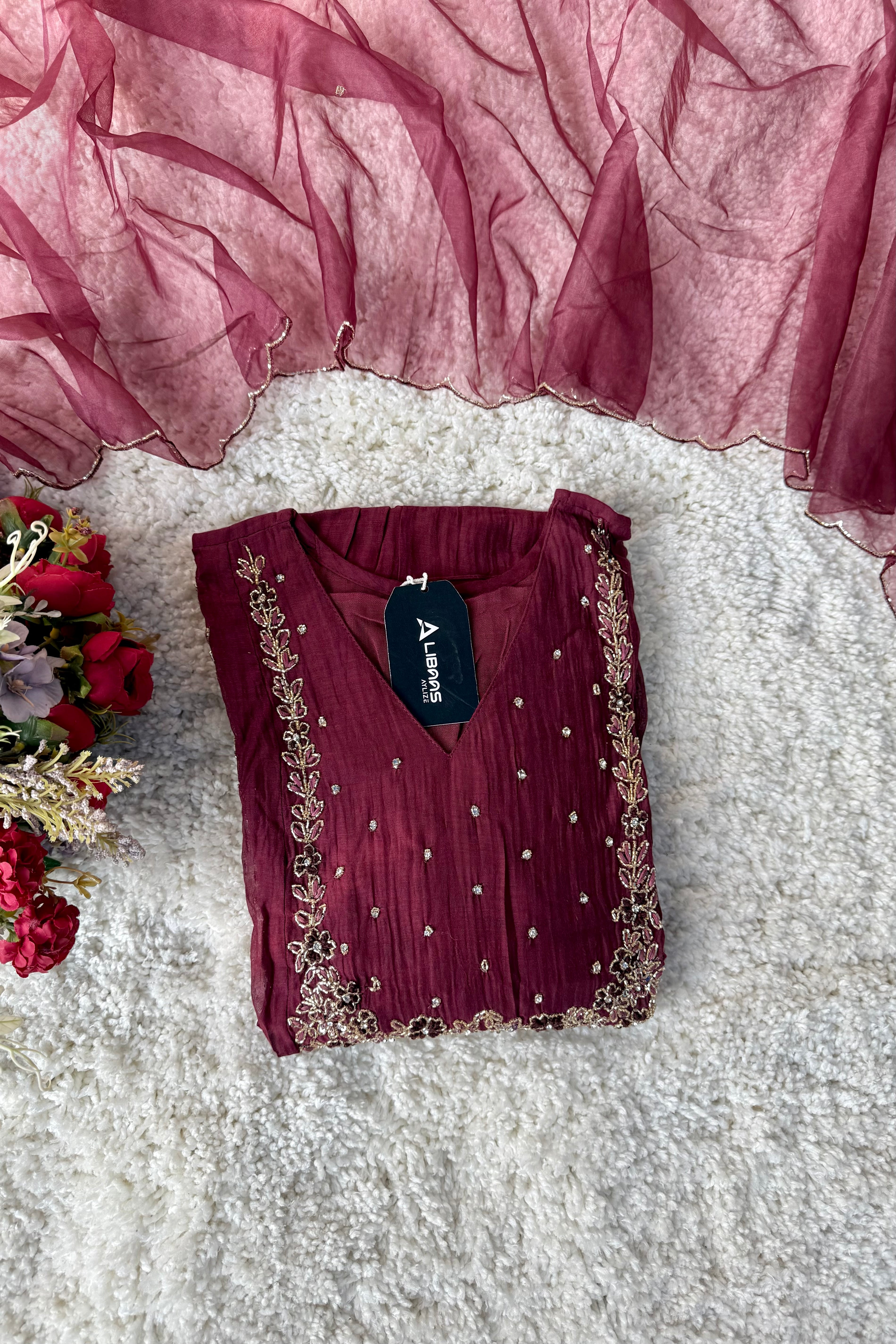 “Ayza” Premium Maroon Mul Chanderi A Line Suit set 🛍️