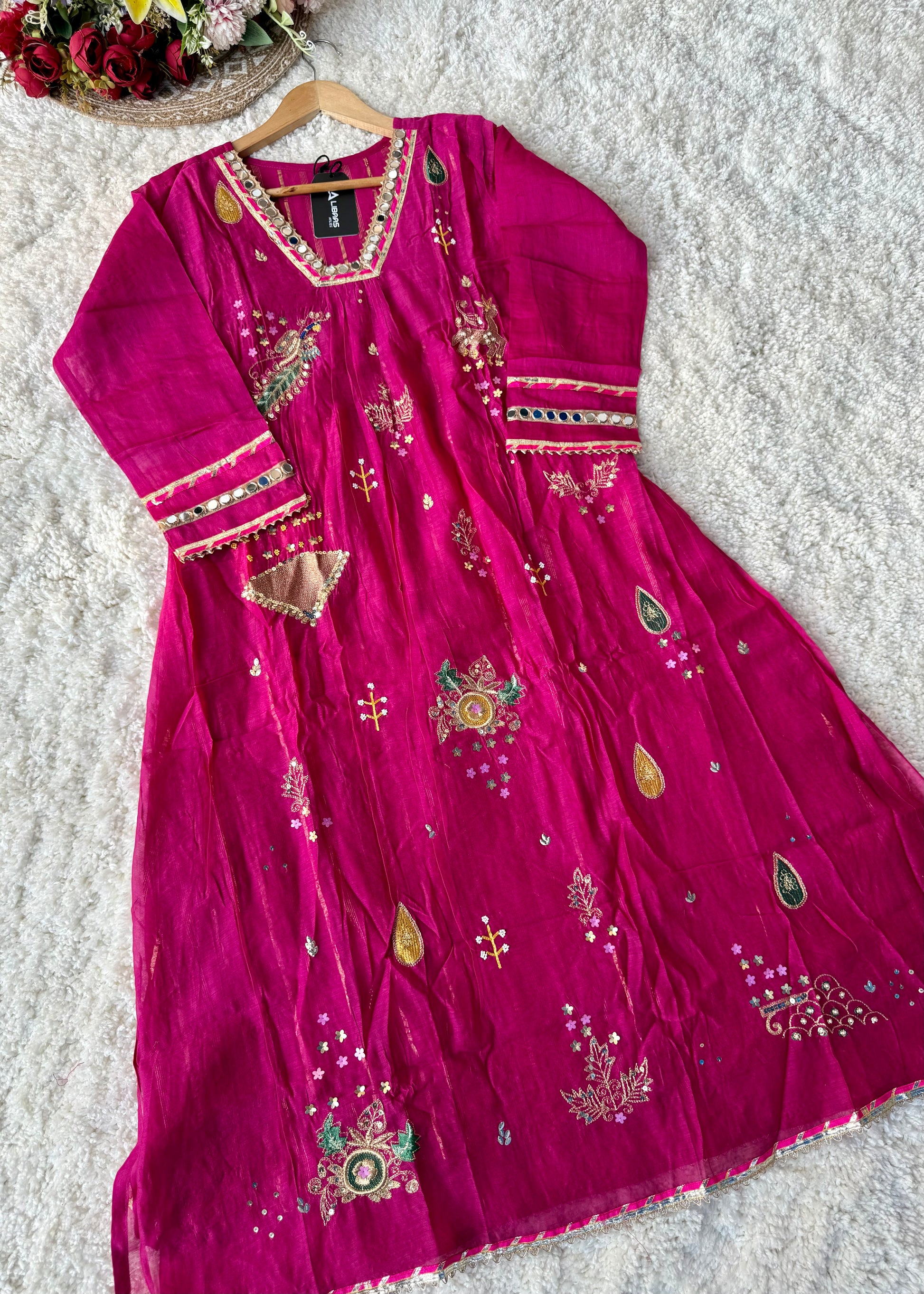 “Fuchsia” Trending Mul Chanderi Heavy Handwork A Line Suit Set