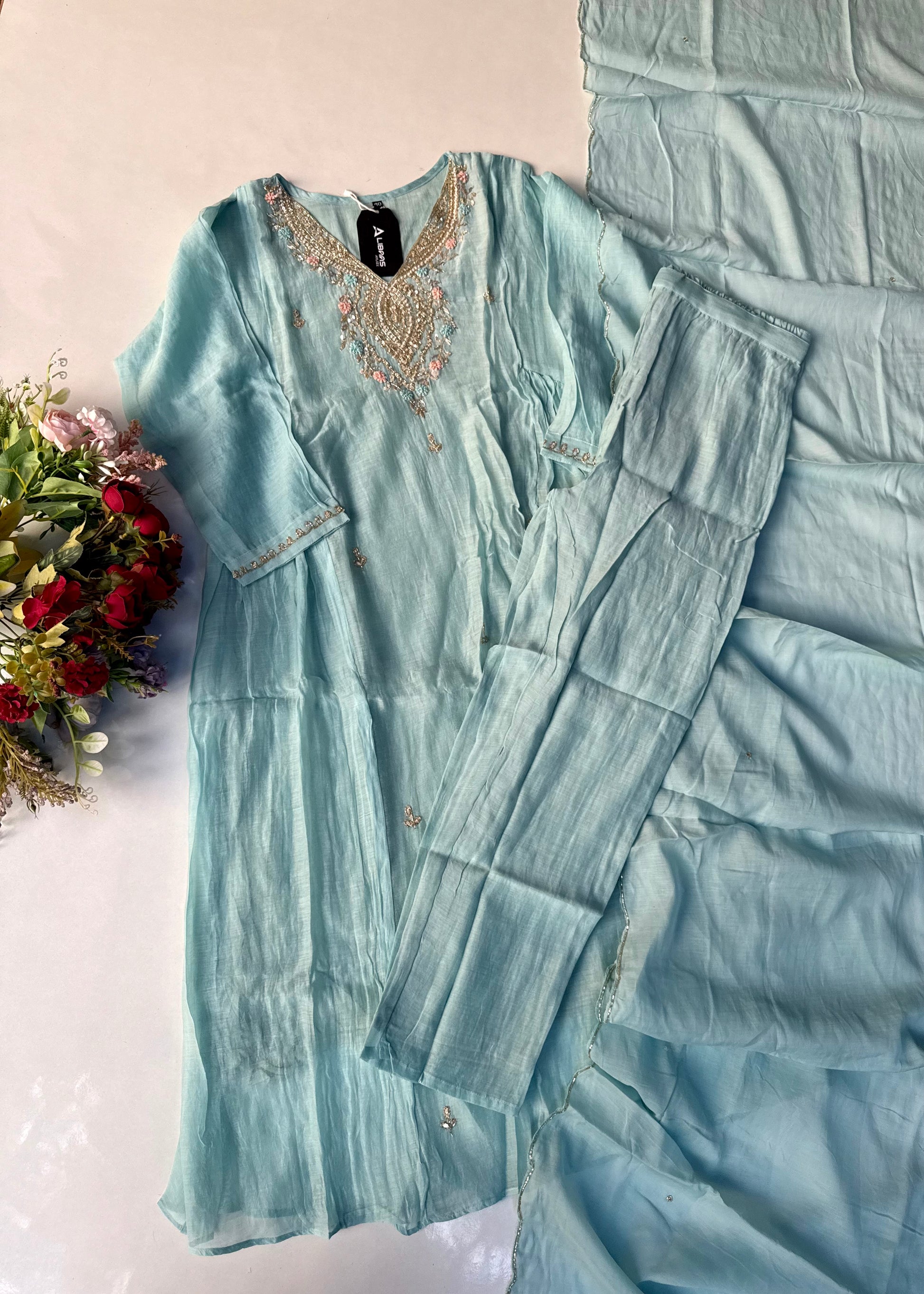 “Ziva” Pure Mul-Chanderi Party wear A Line suit set