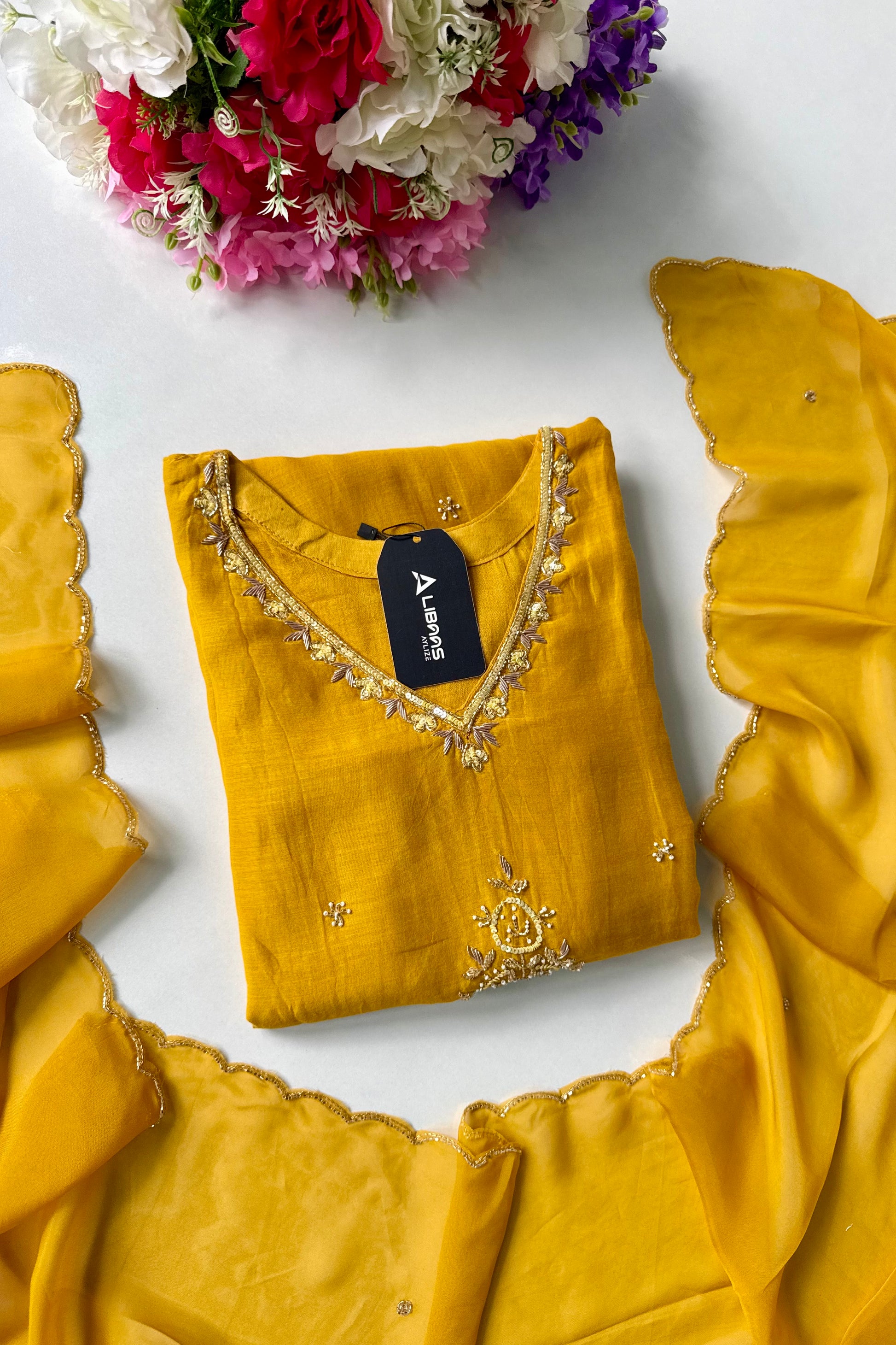 ✨”Zaria - Mustard Mul Chanderi A-Line Kurta Set