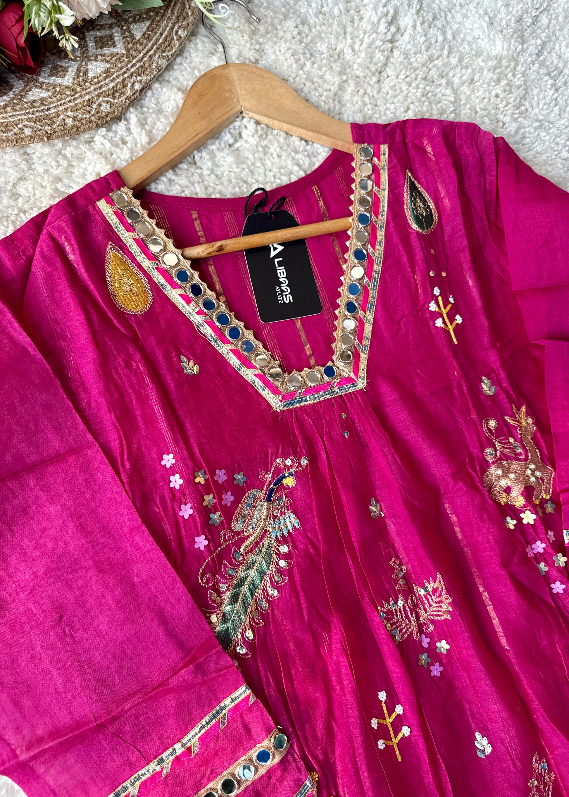 “Fuchsia” Trending Mul Chanderi Heavy Handwork A Line Suit Set
