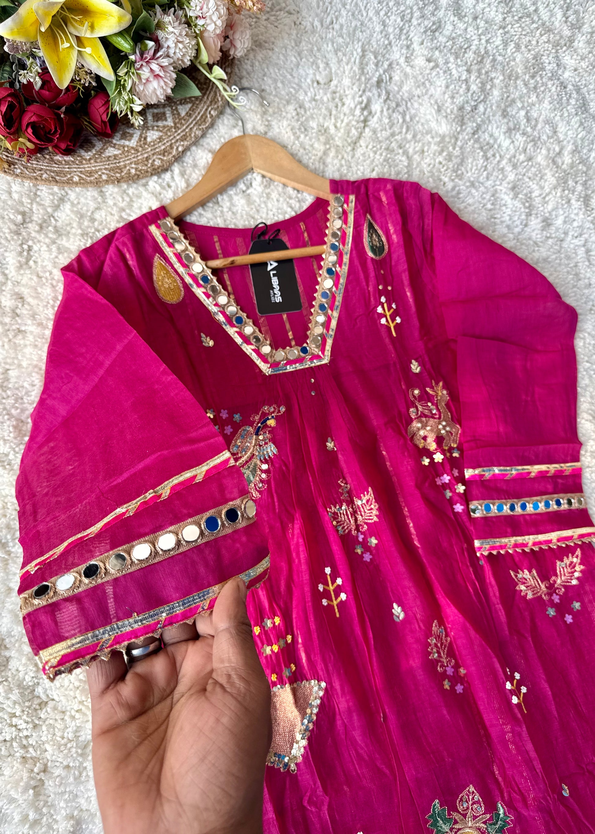 “Fuchsia” Trending Mul Chanderi Heavy Handwork A Line Suit Set